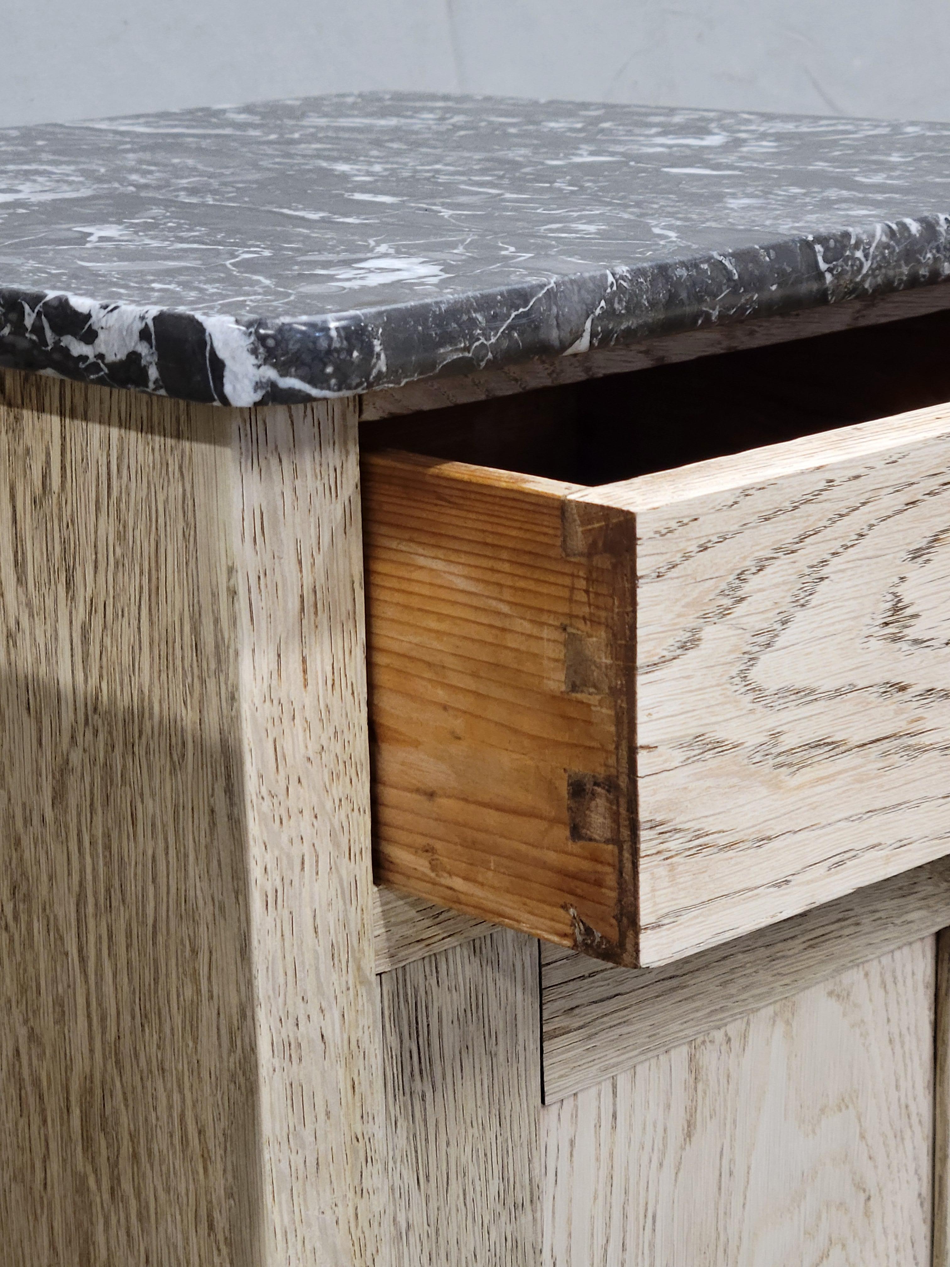 19th Century Antique French Bleached Oak Nightstands With Black Marble Tops