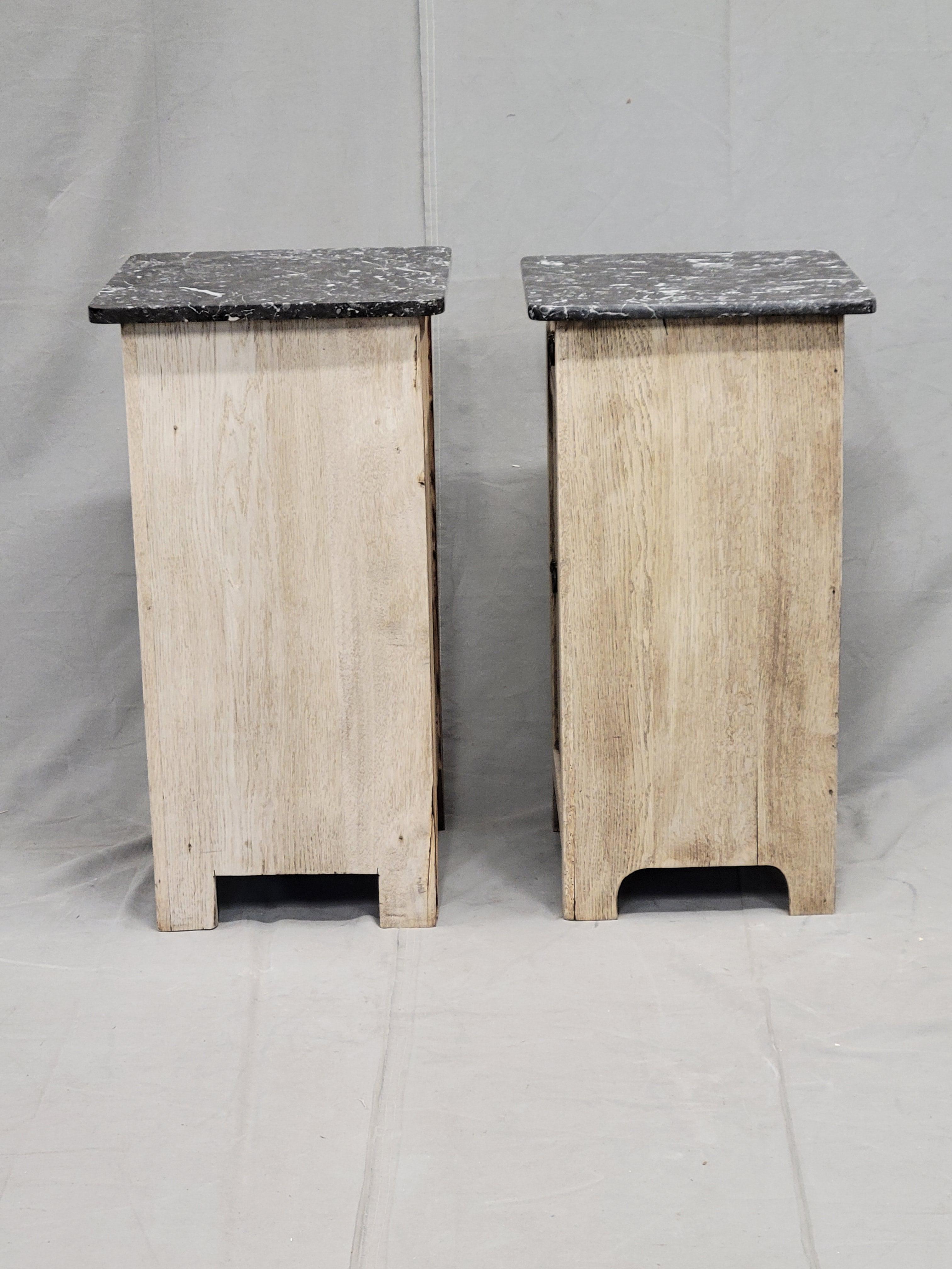 Antique French Bleached Oak Nightstands With Black Marble Tops 5
