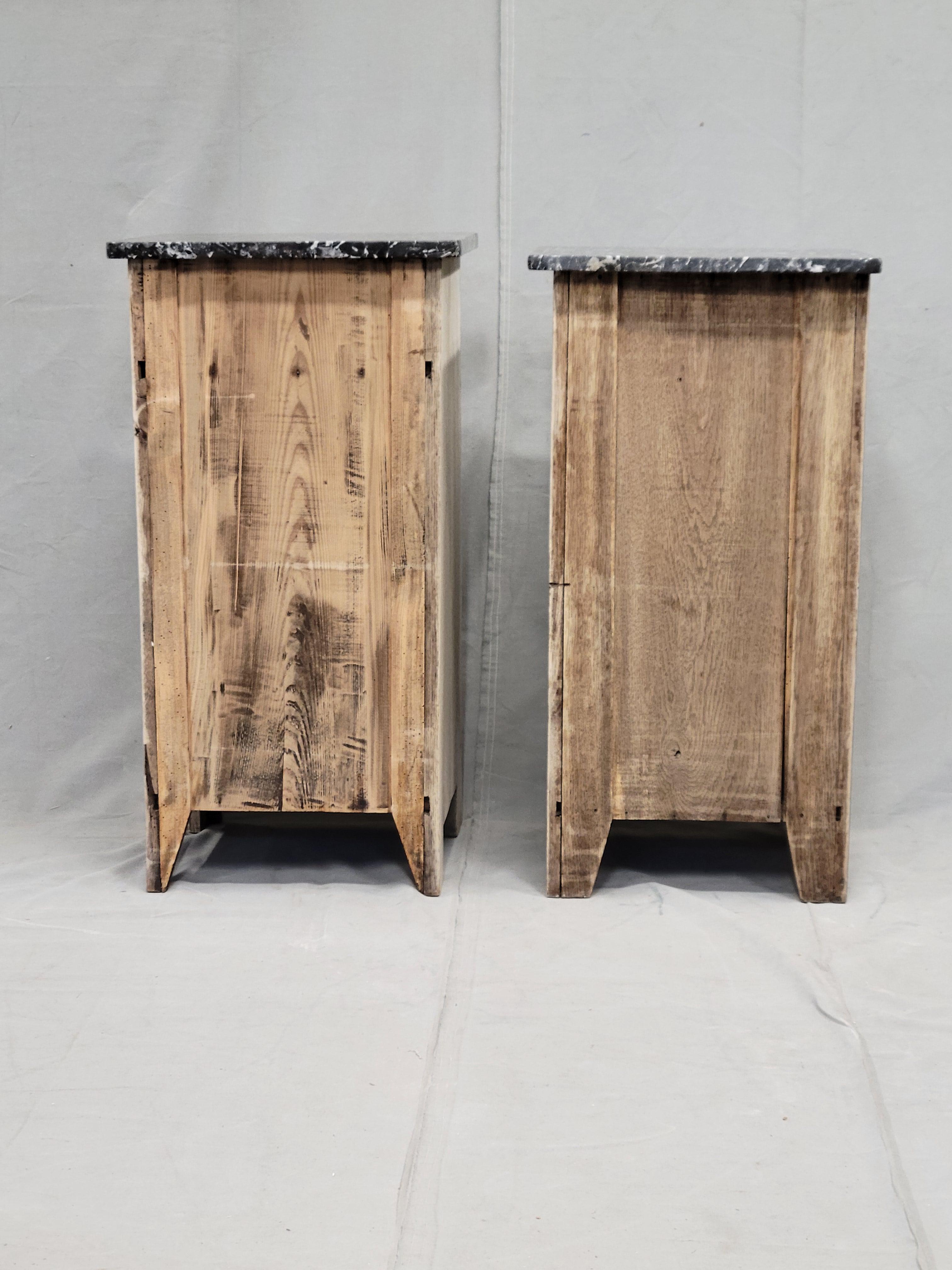 Antique French Bleached Oak Nightstands With Black Marble Tops 7
