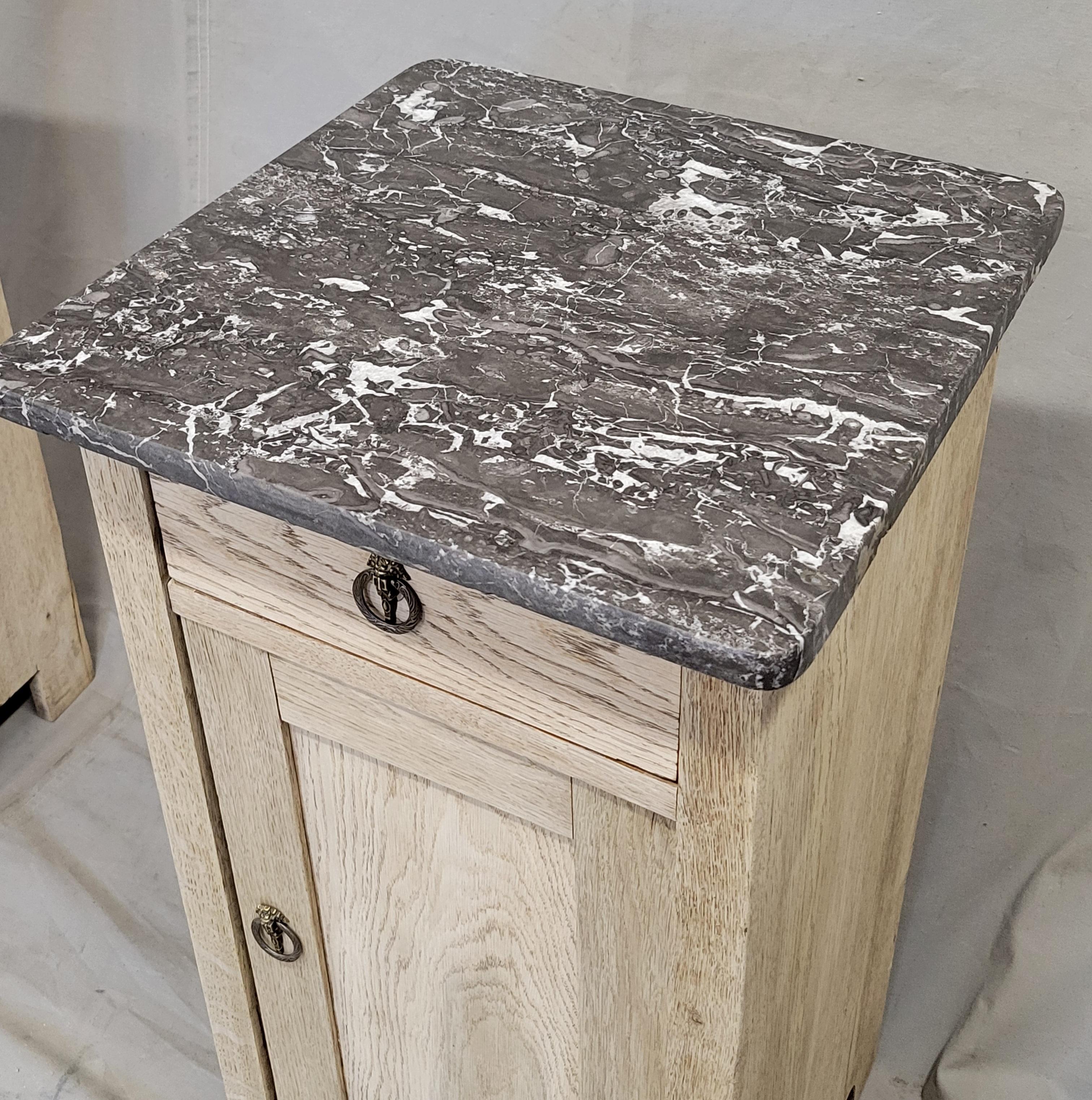 Antique French Bleached Oak Nightstands With Black Marble Tops 1