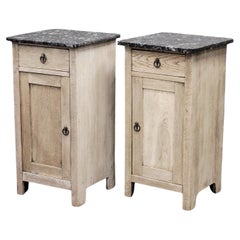 Antique French Bleached Oak Nightstands With Black Marble Tops