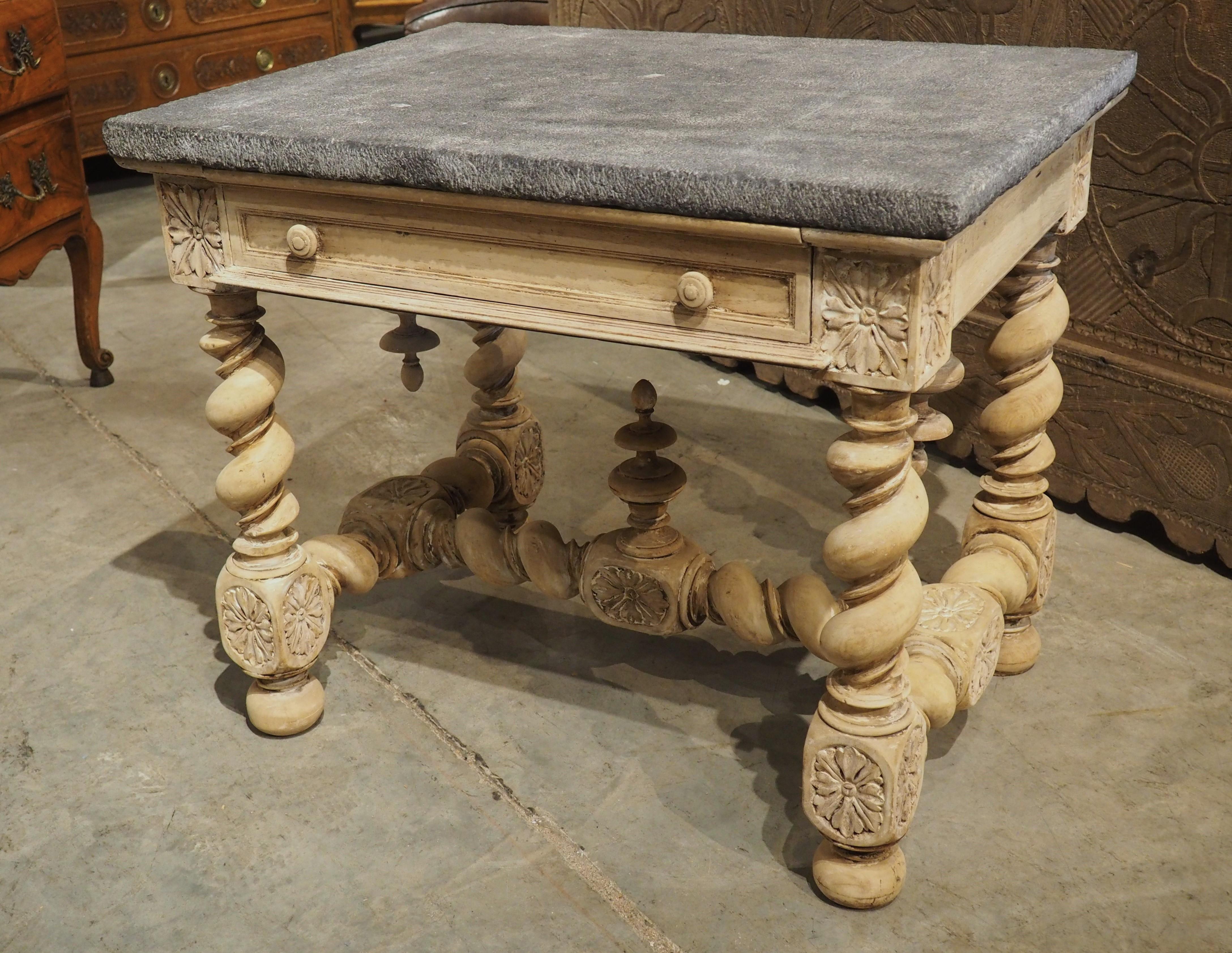 Antique French Bleached Walnut and Bluestone Louis XIII Side Table, 19th Century In Good Condition In Dallas, TX