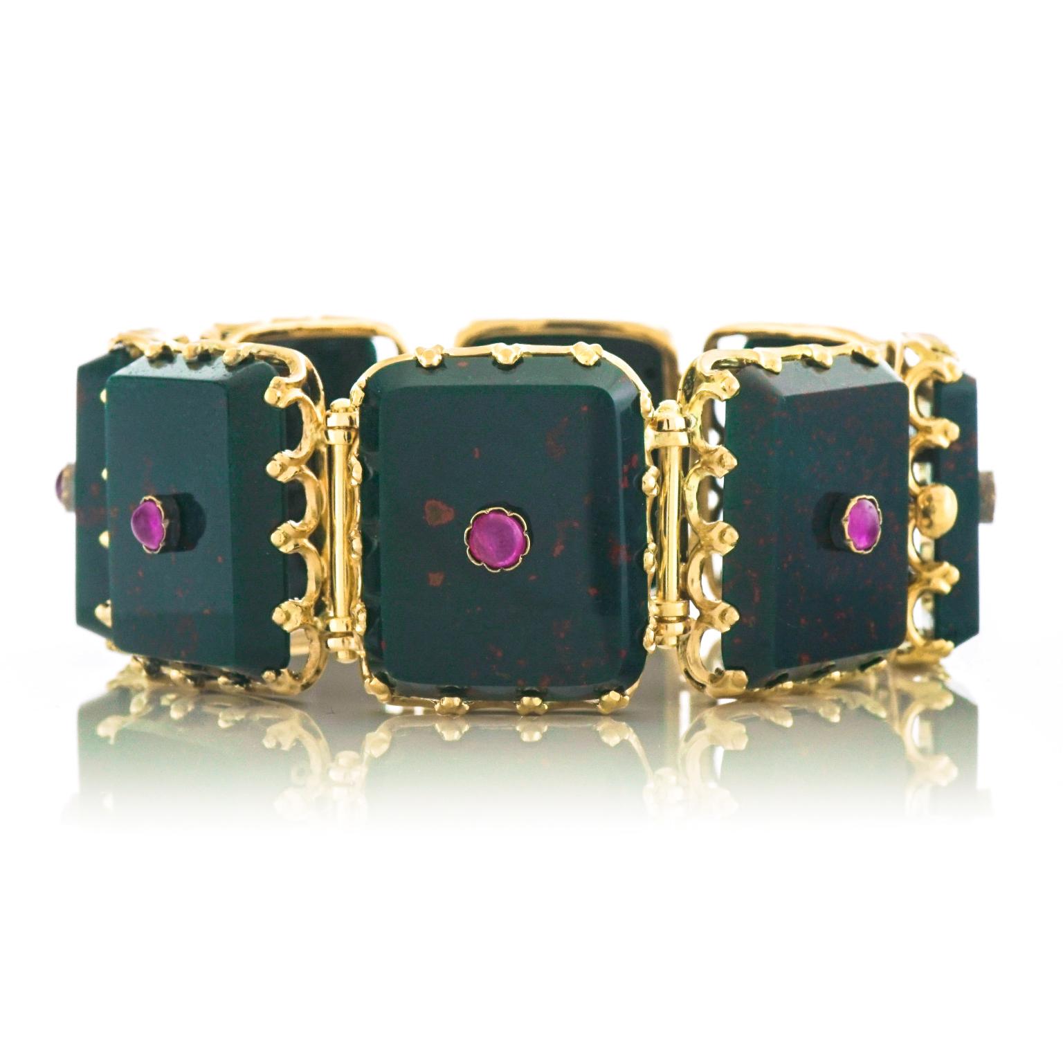 Antique French Bloodstone and Ruby-Set Gold Bracelet For Sale 1