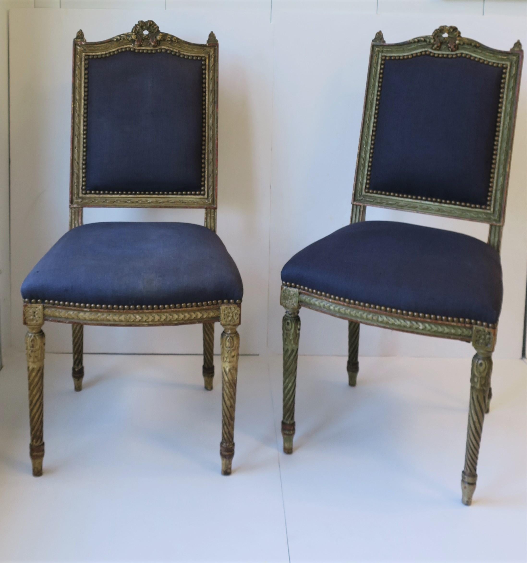 Antique French Blue and Gold Louis XVI Upholstered Side or Dining Chairs, Pair 1