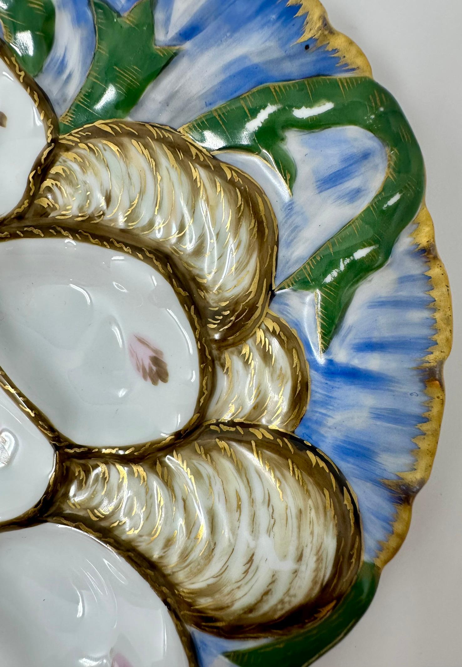 19th Century Antique French Blue and Green Porcelain Turkey Pattern Oyster Plate, Circa 1890. For Sale