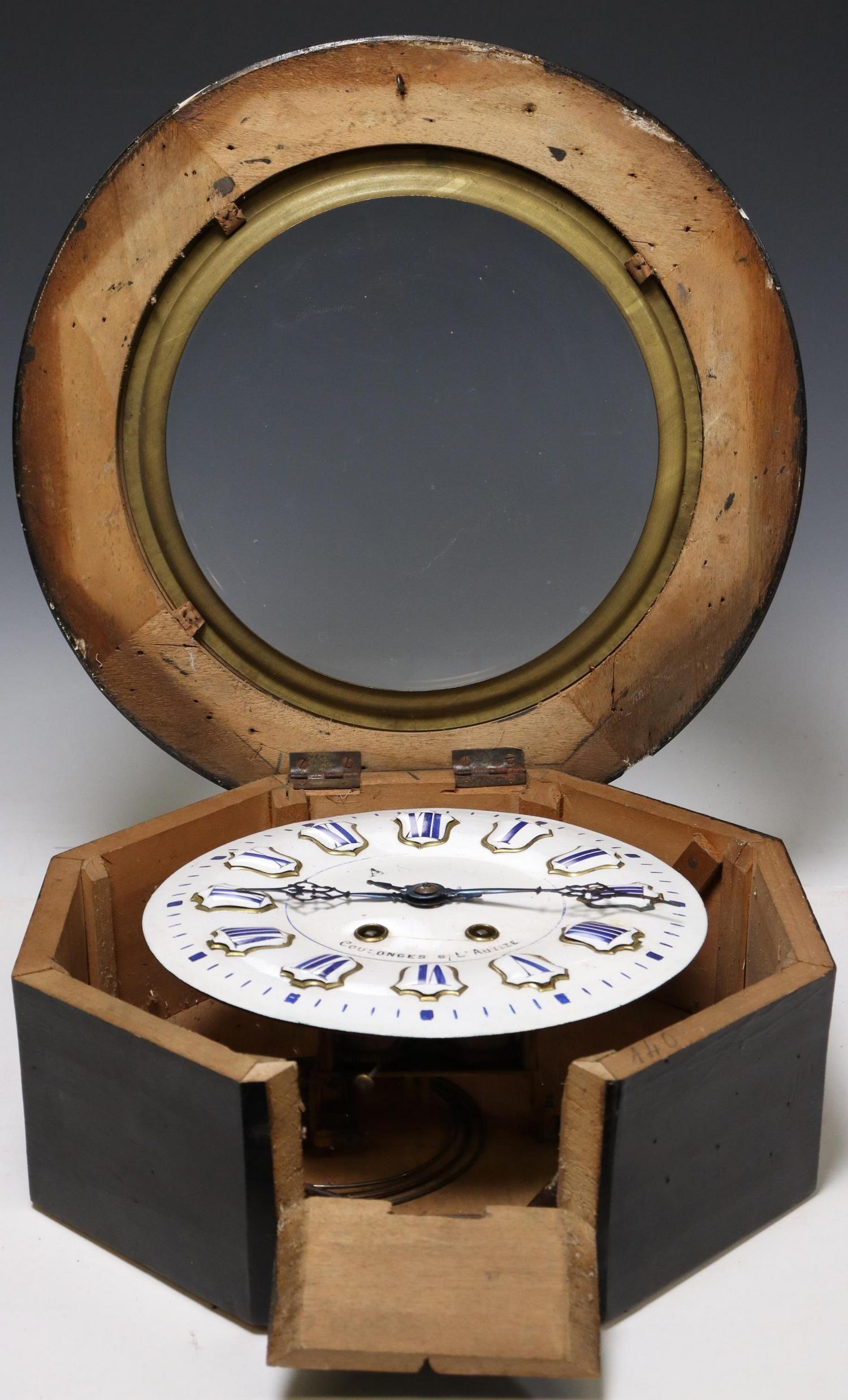 Antique French Blue and White Enamel Napoleon III Period Wall Clock In Fair Condition For Sale In Sheridan, CO