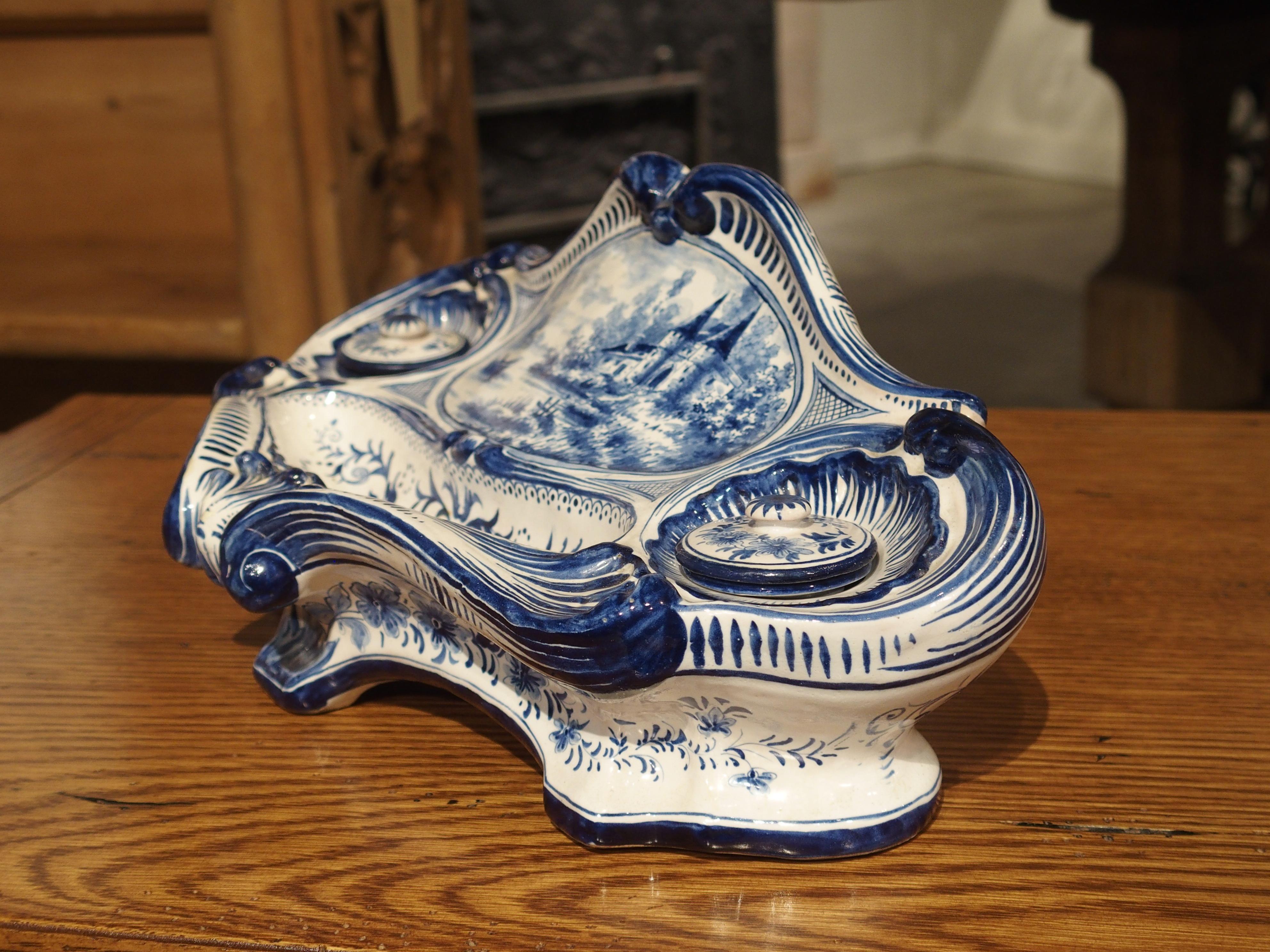 Antique French Blue and White Faience Inkwell, circa 1900 4