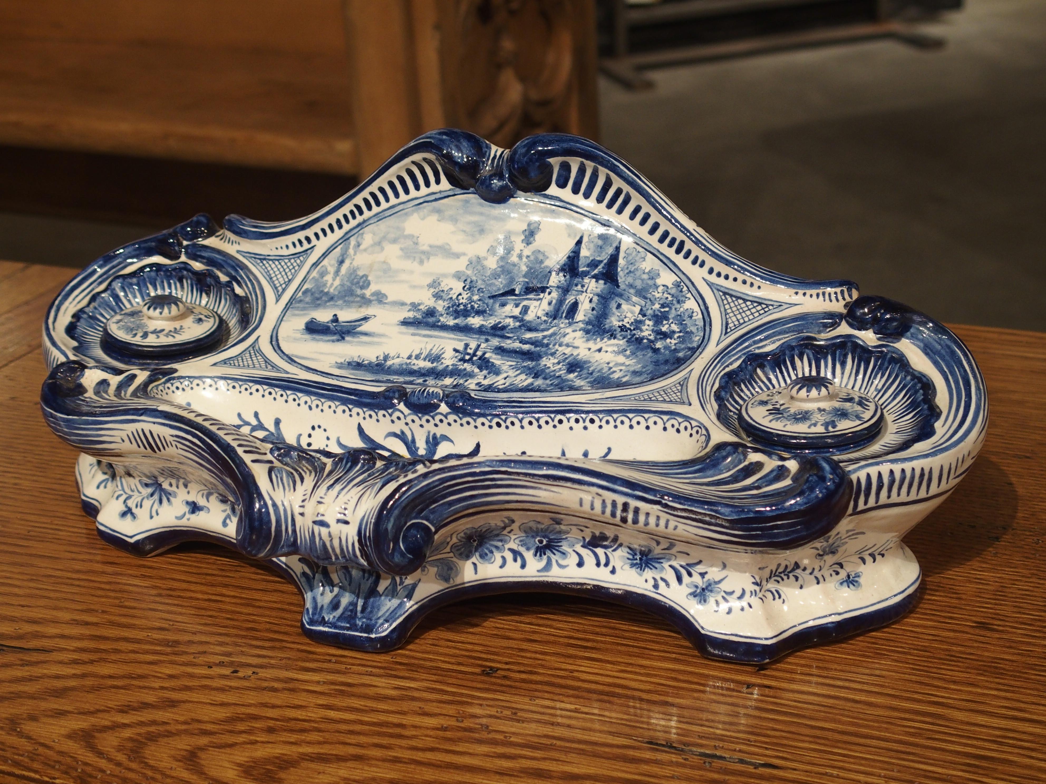 Antique French Blue and White Faience Inkwell, circa 1900 7