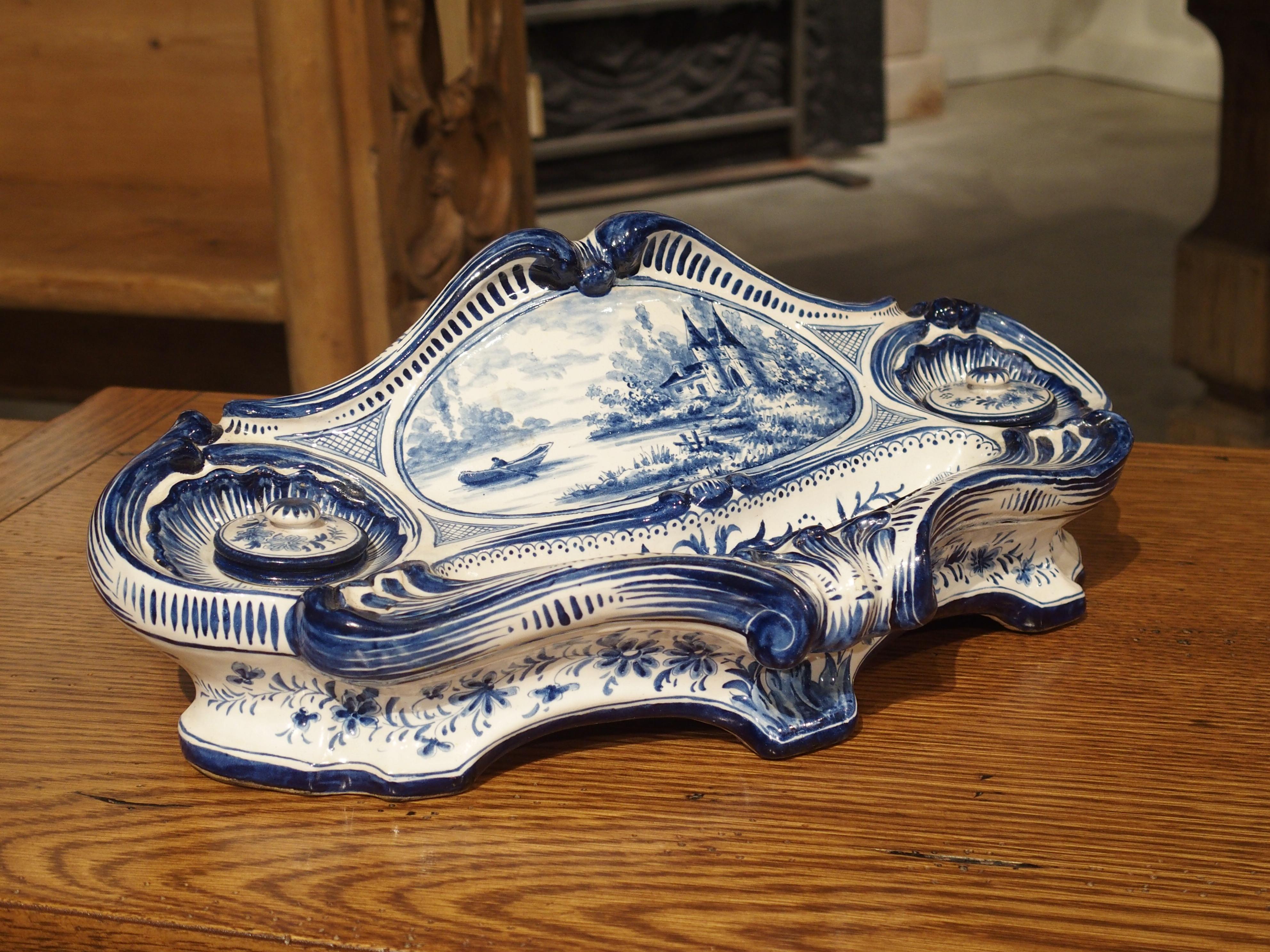Antique French Blue and White Faience Inkwell, circa 1900 8