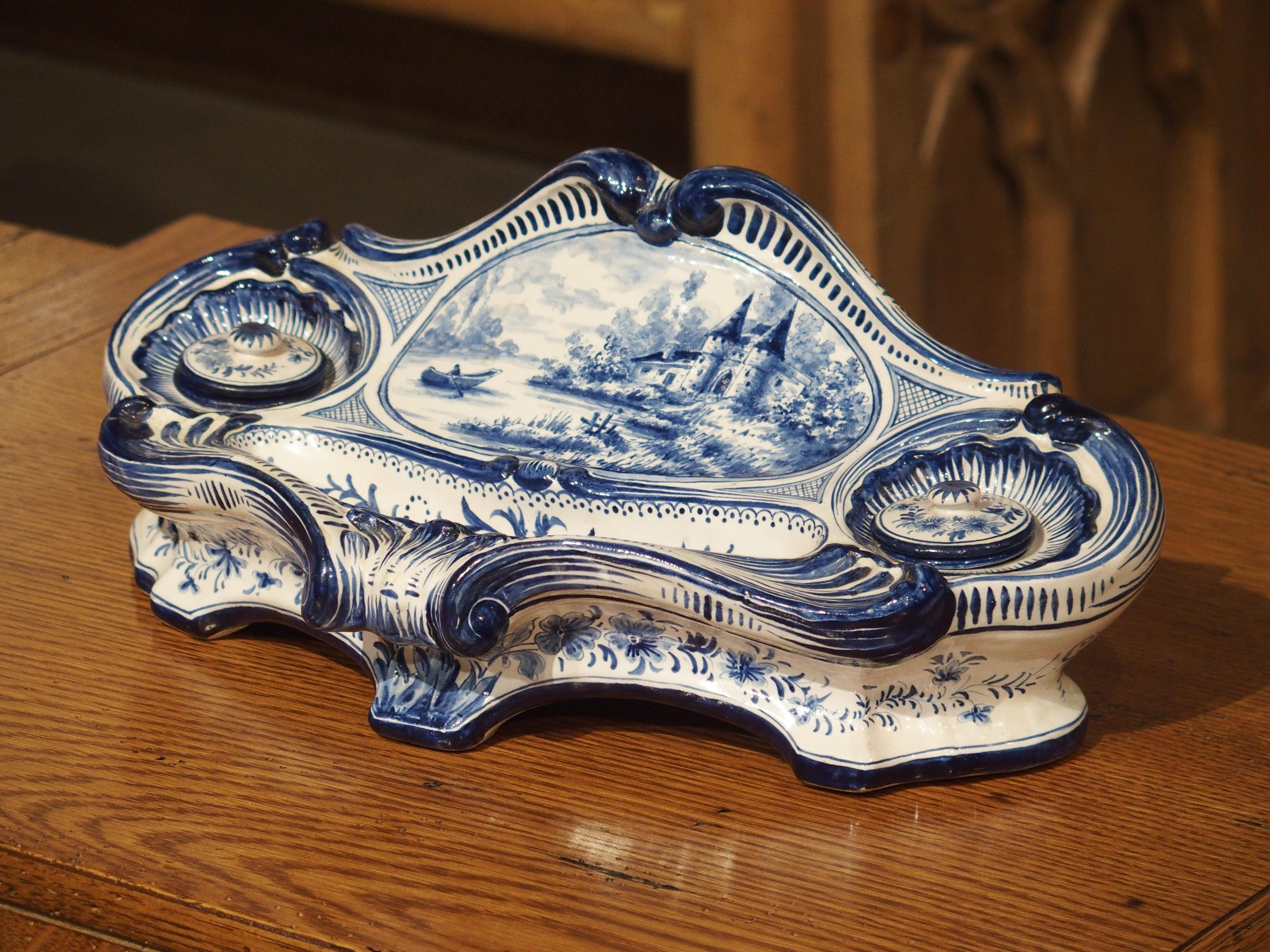 Antique French Blue and White Faience Inkwell, circa 1900 11