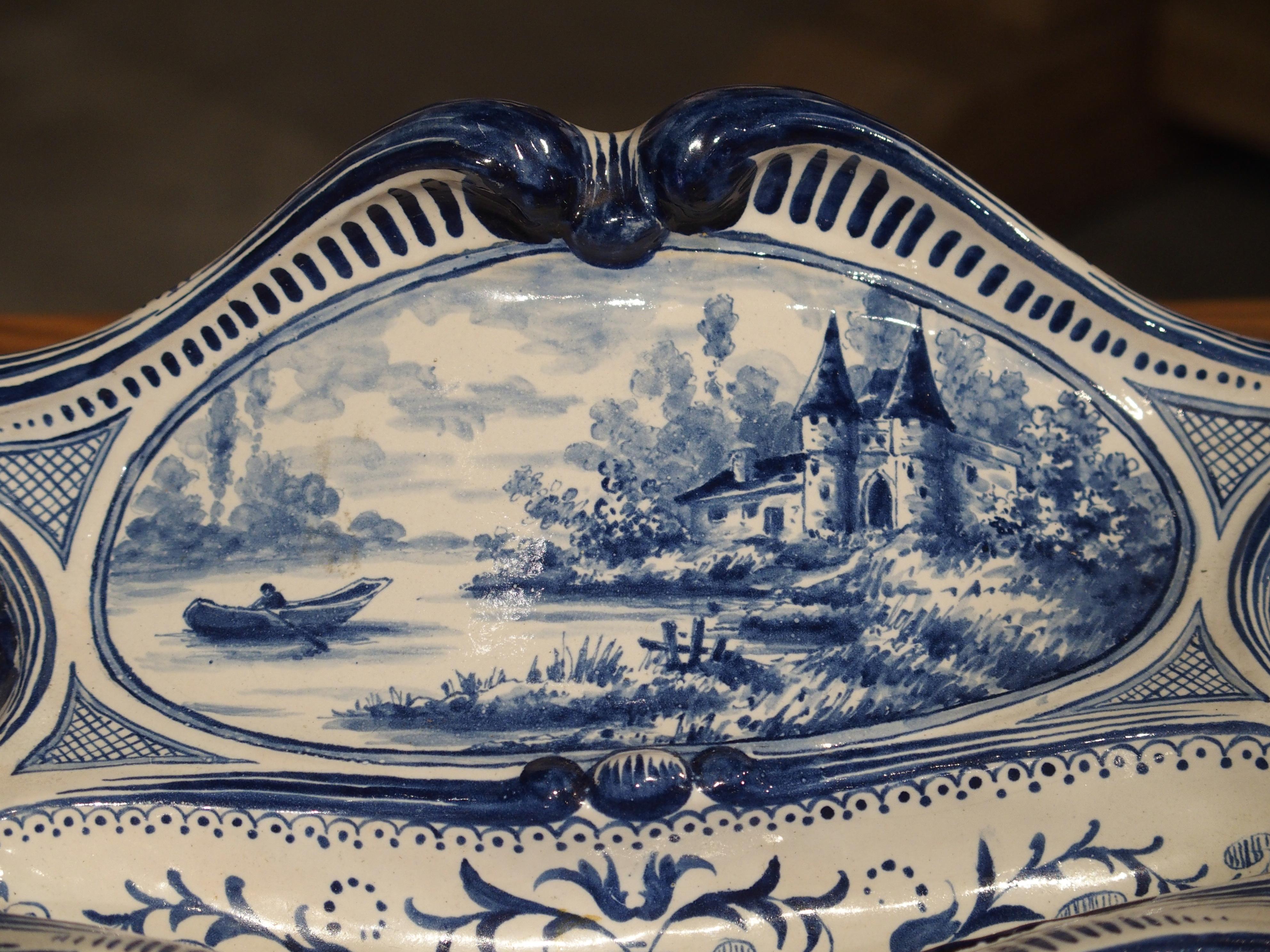 Hand-Painted Antique French Blue and White Faience Inkwell, circa 1900