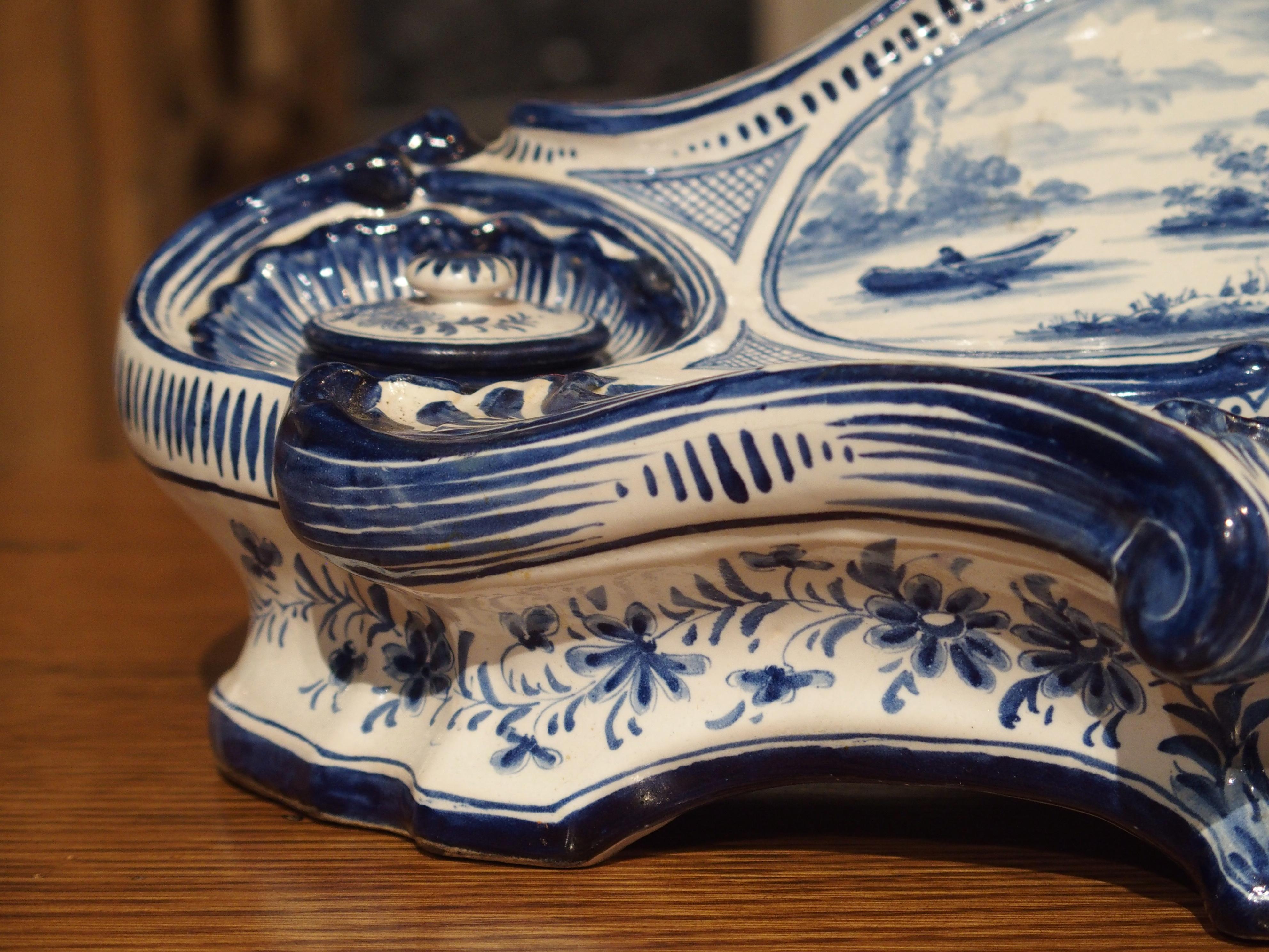 Late 19th Century Antique French Blue and White Faience Inkwell, circa 1900