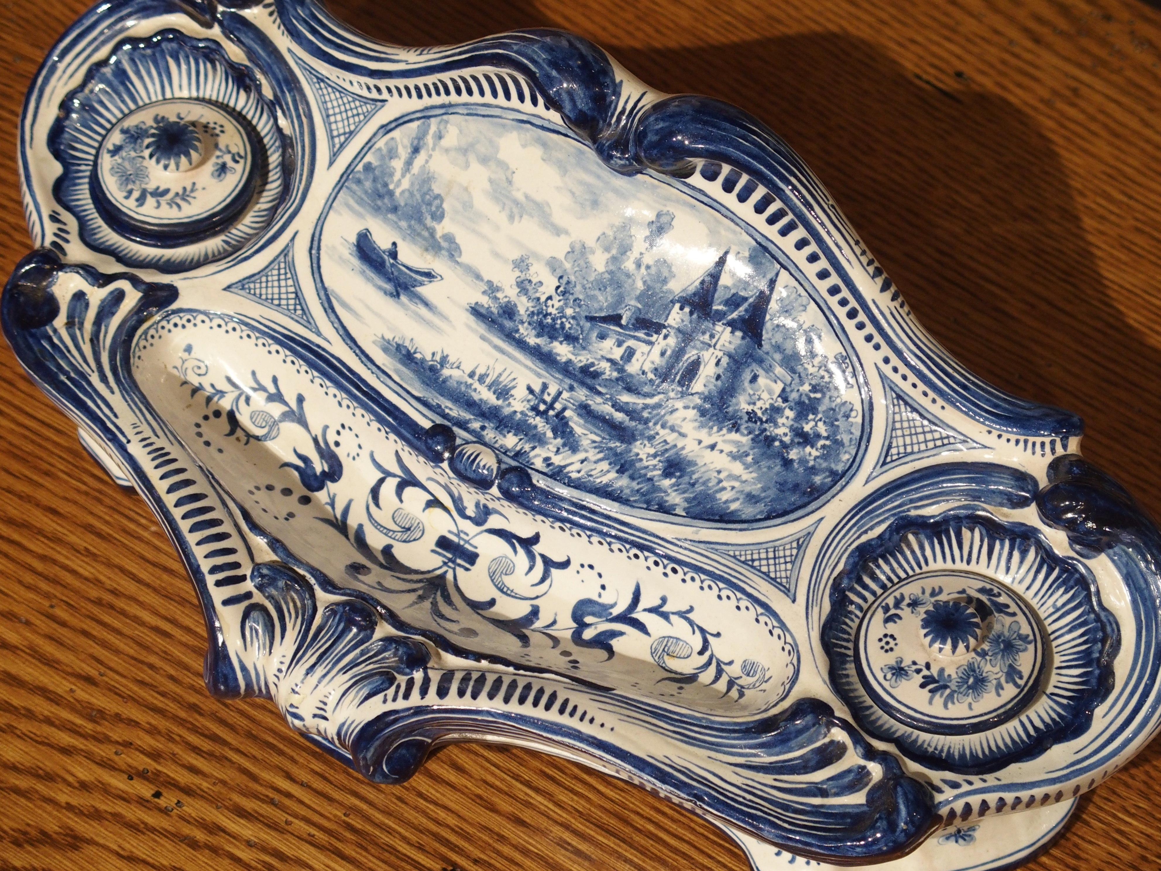Ceramic Antique French Blue and White Faience Inkwell, circa 1900