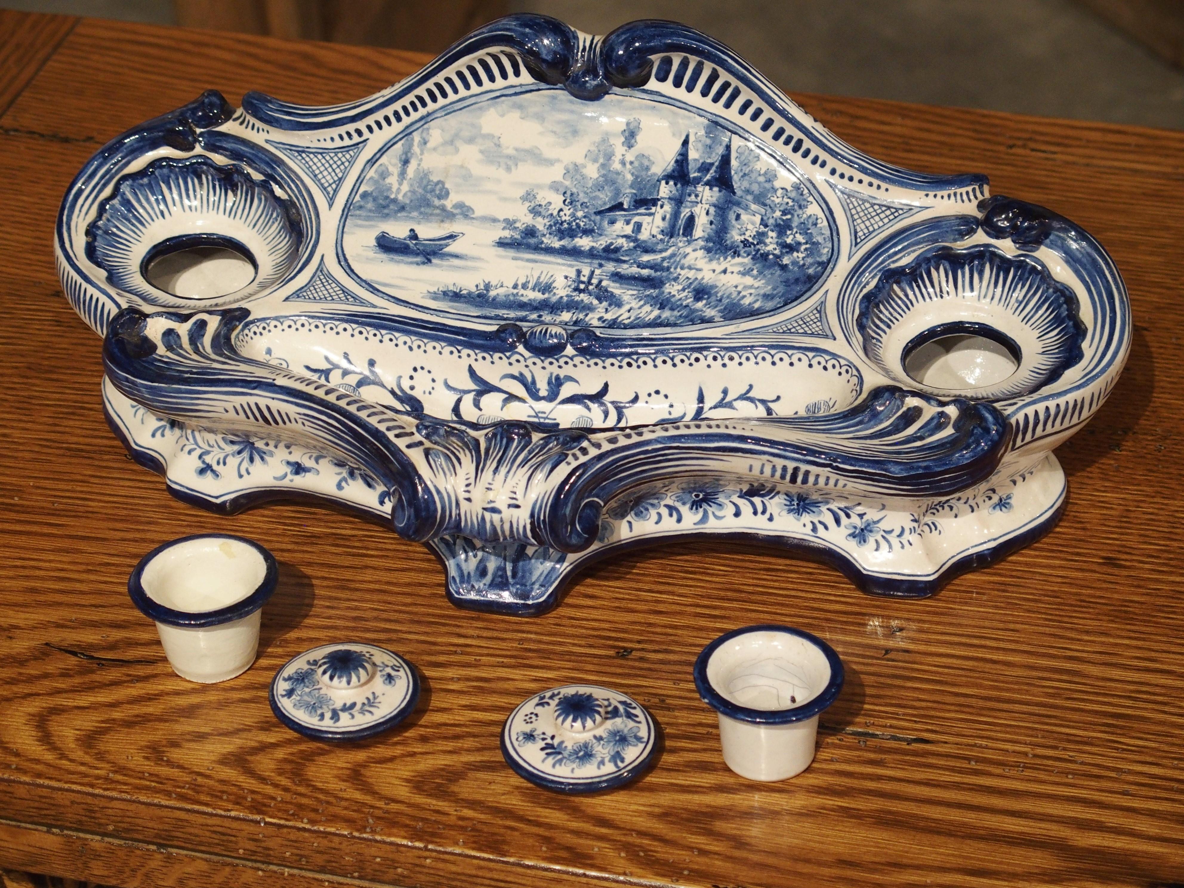 Antique French Blue and White Faience Inkwell, circa 1900 1