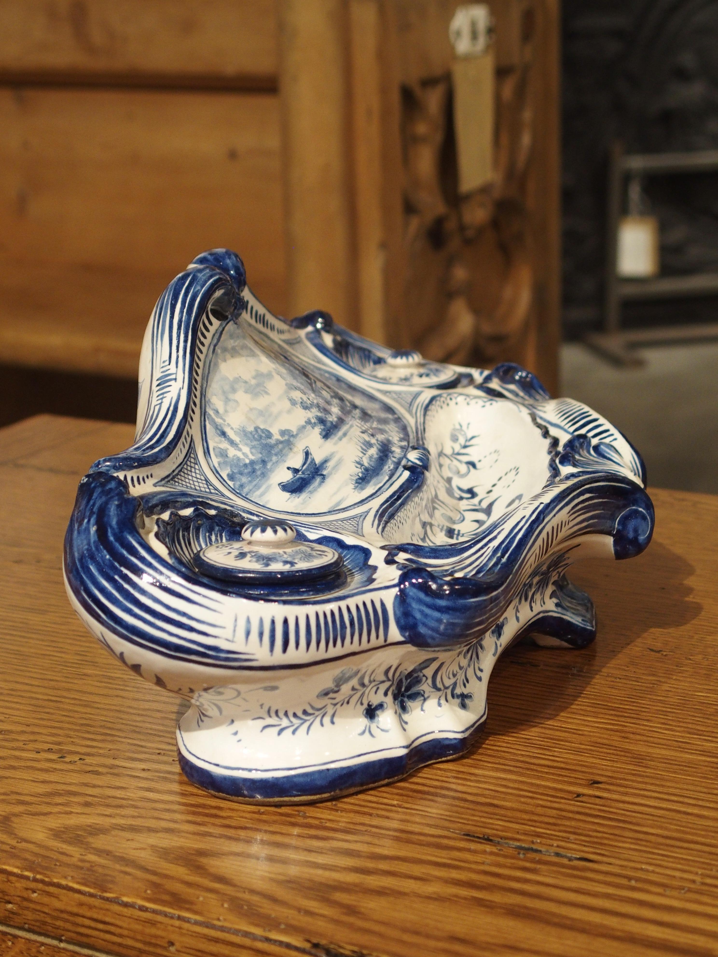 Antique French Blue and White Faience Inkwell, circa 1900 2