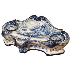 Antique French Blue and White Faience Inkwell, circa 1900
