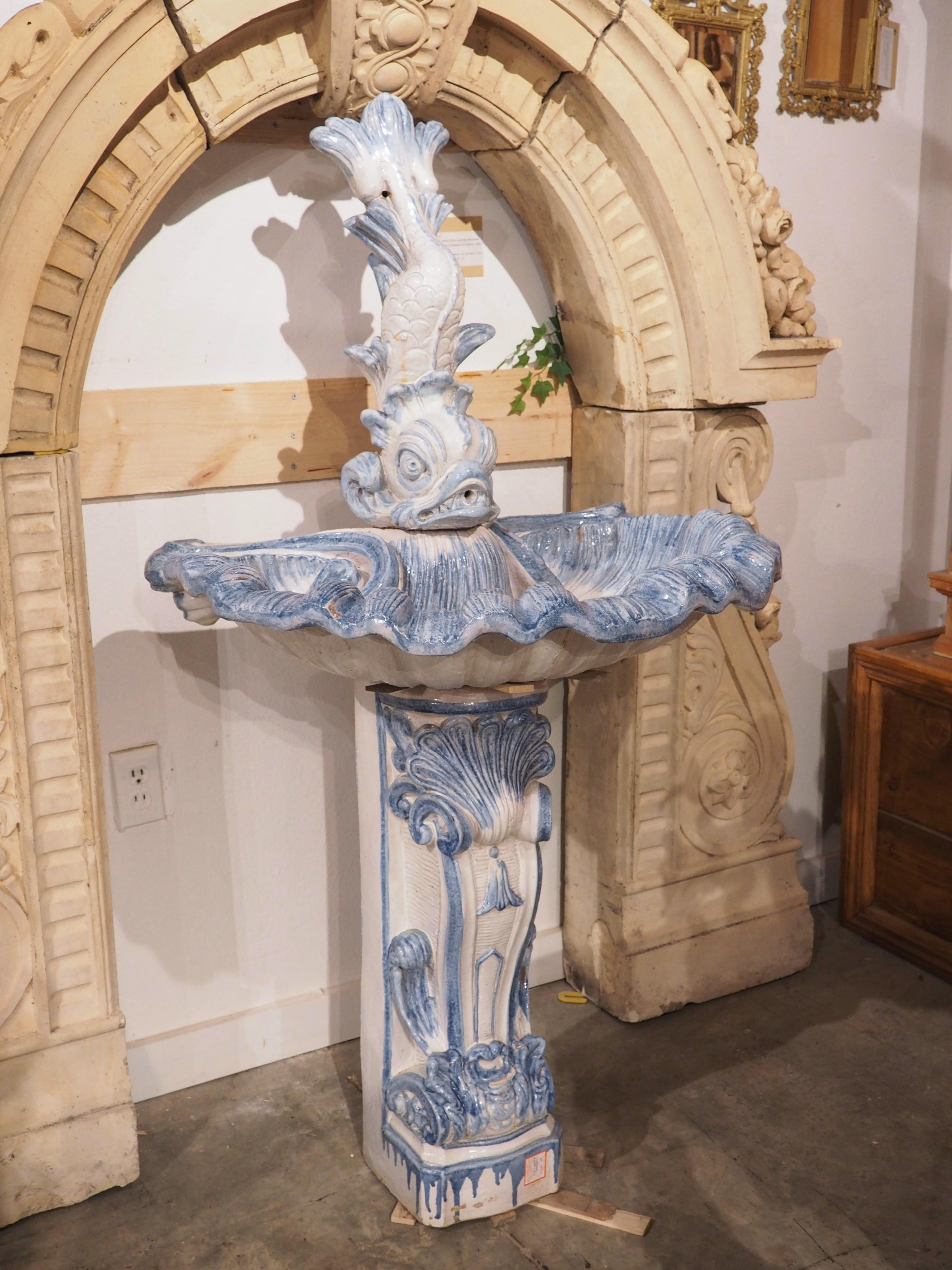 Hand-Painted Antique French Blue and White Faience Interior Wall Fountain, circa 1880 For Sale