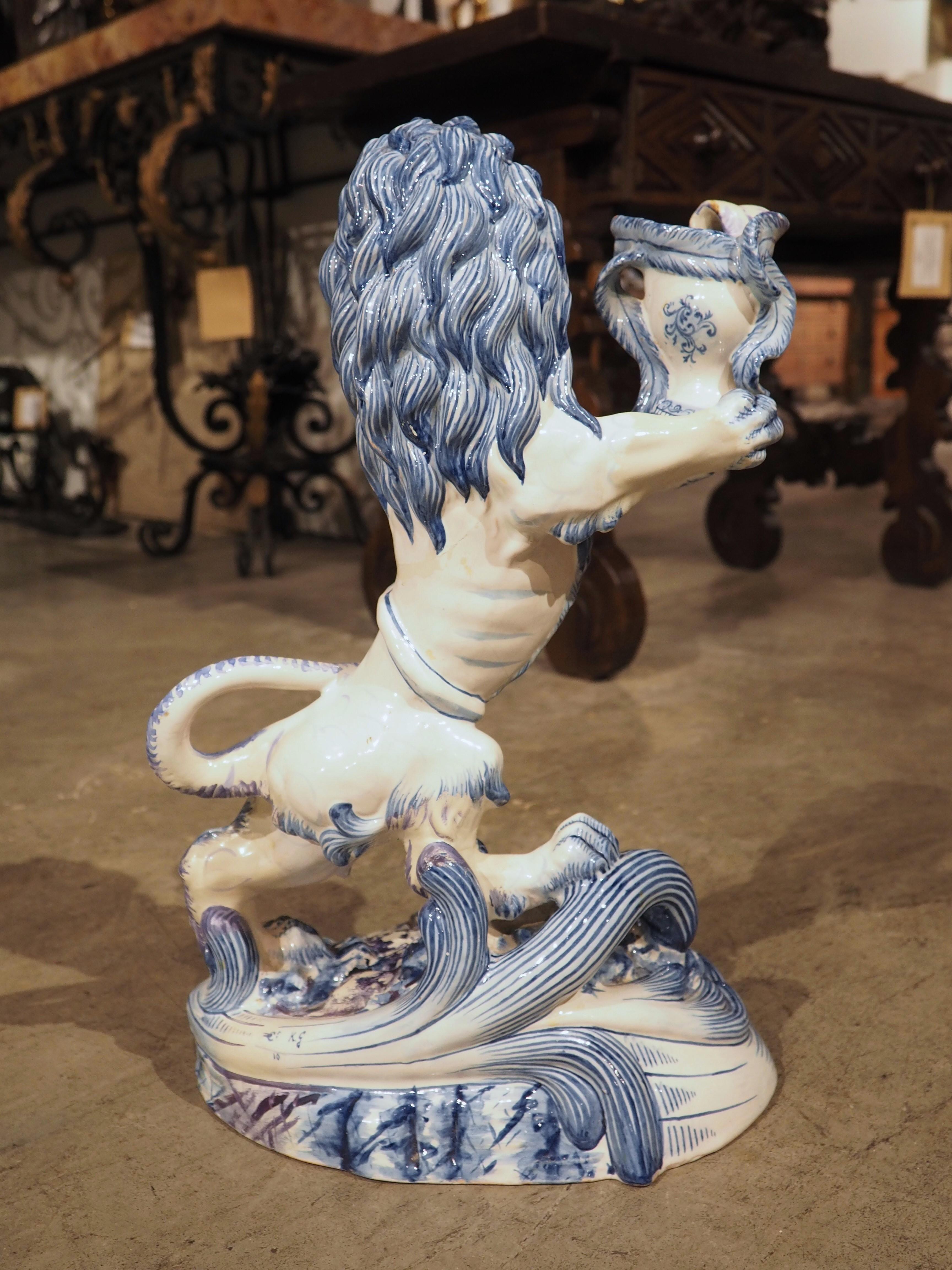 Antique French Blue and White Saint-Clément Faience Lion Candle Holder, C. 1890 For Sale 7