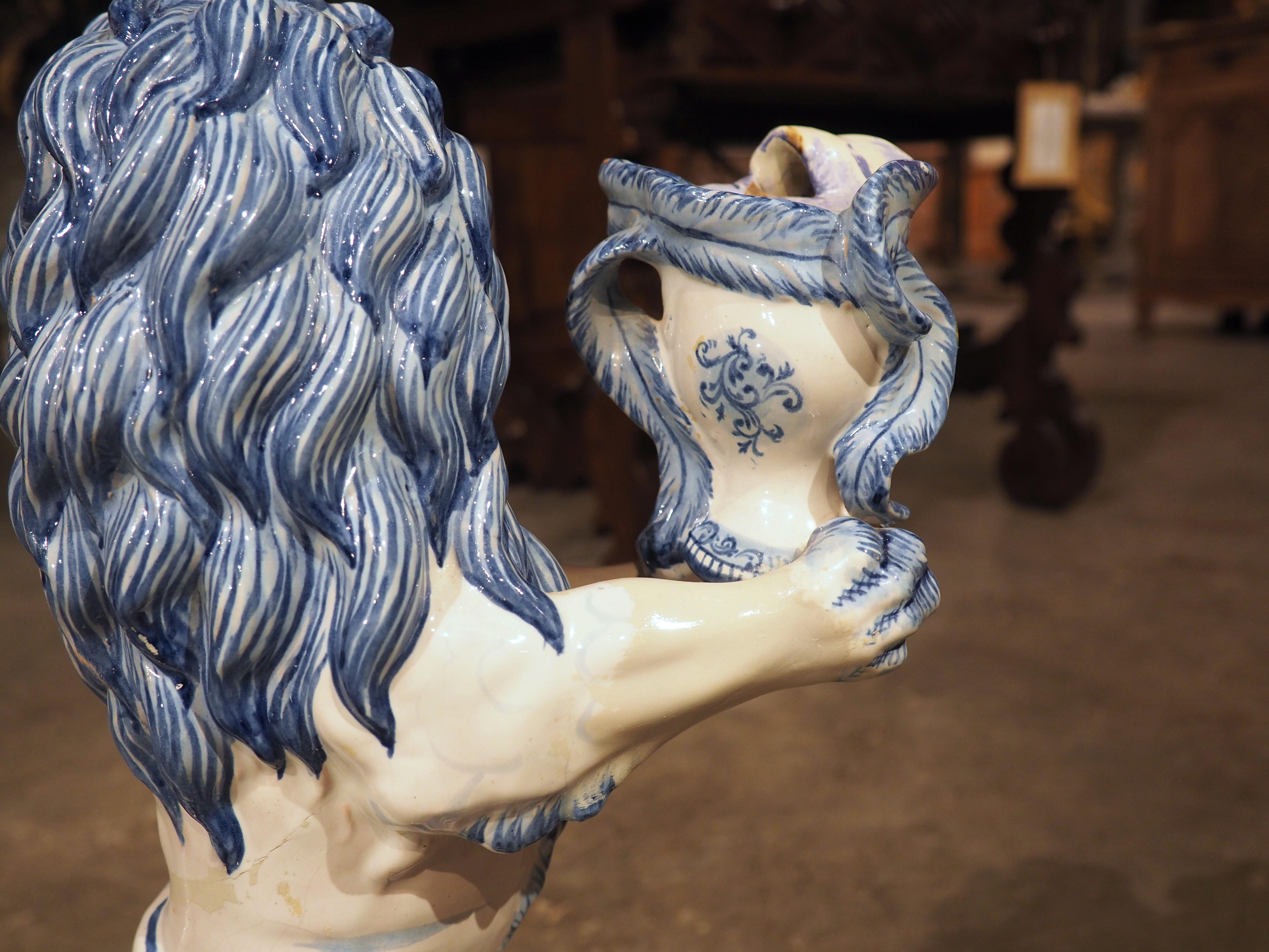 Antique French Blue and White Saint-Clément Faience Lion Candle Holder, C. 1890 For Sale 8
