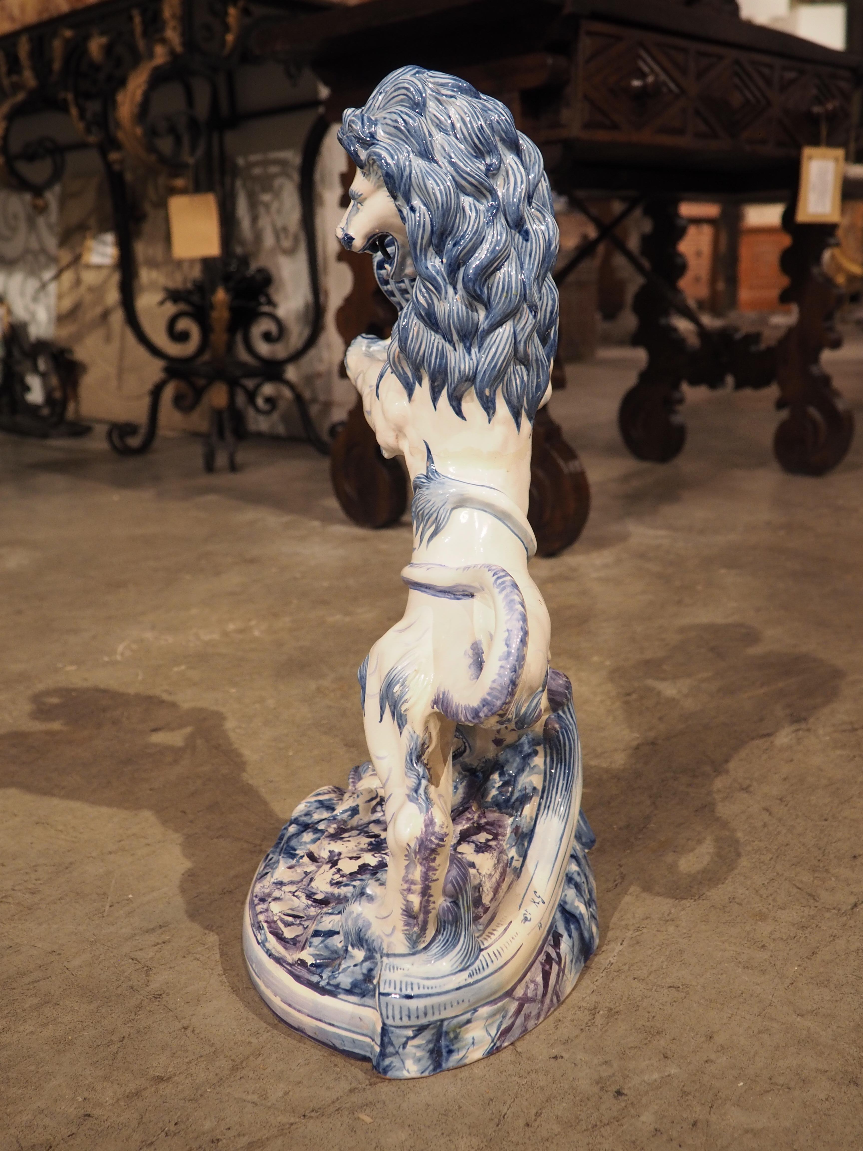 Antique French Blue and White Saint-Clément Faience Lion Candle Holder, C. 1890 For Sale 12