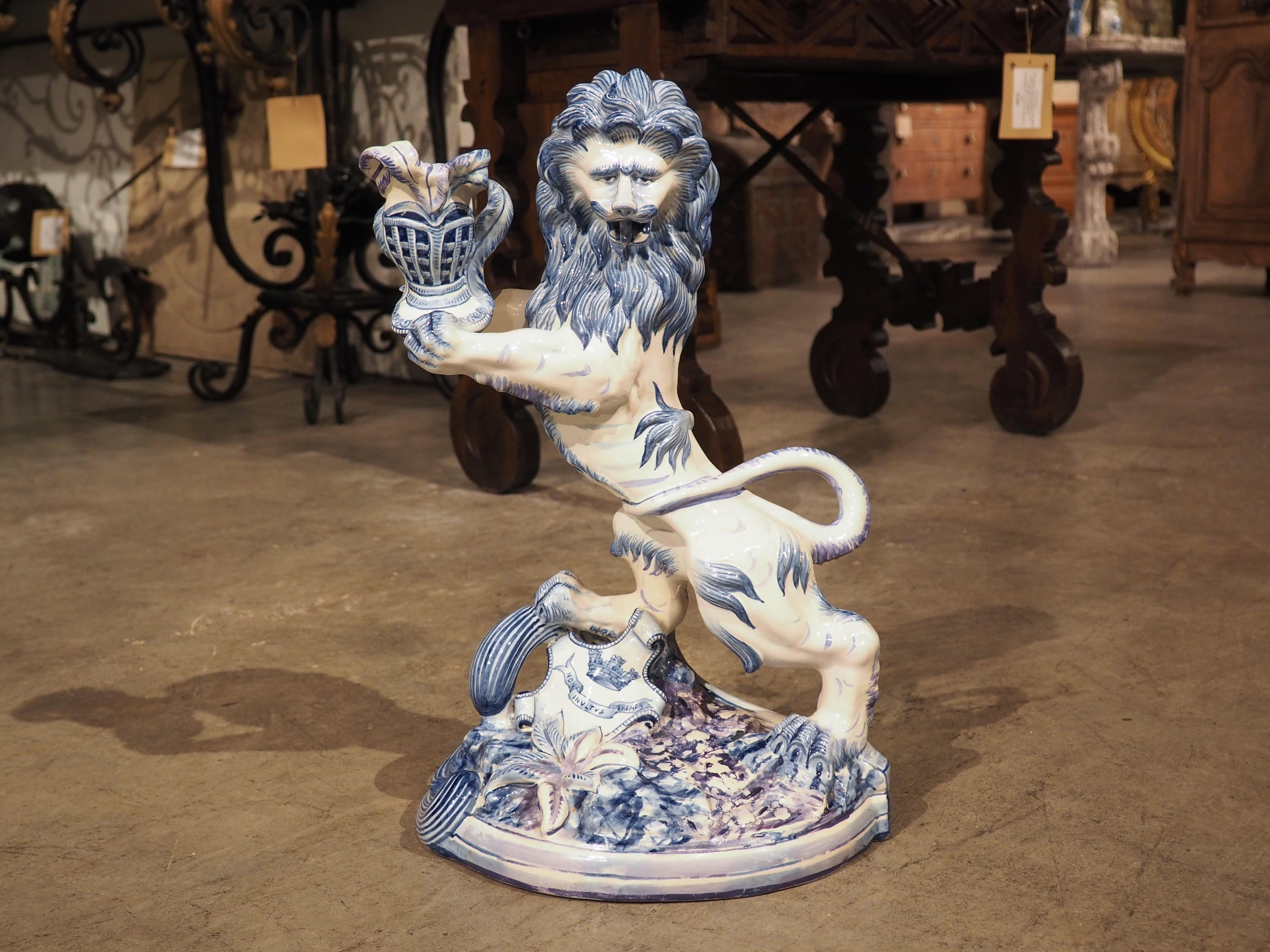 Antique French Blue and White Saint-Clément Faience Lion Candle Holder, C. 1890 For Sale 13
