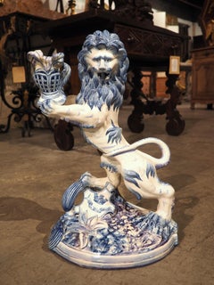 Antique French Blue and White Saint-Clément Faience Lion Candle Holder, C. 1890