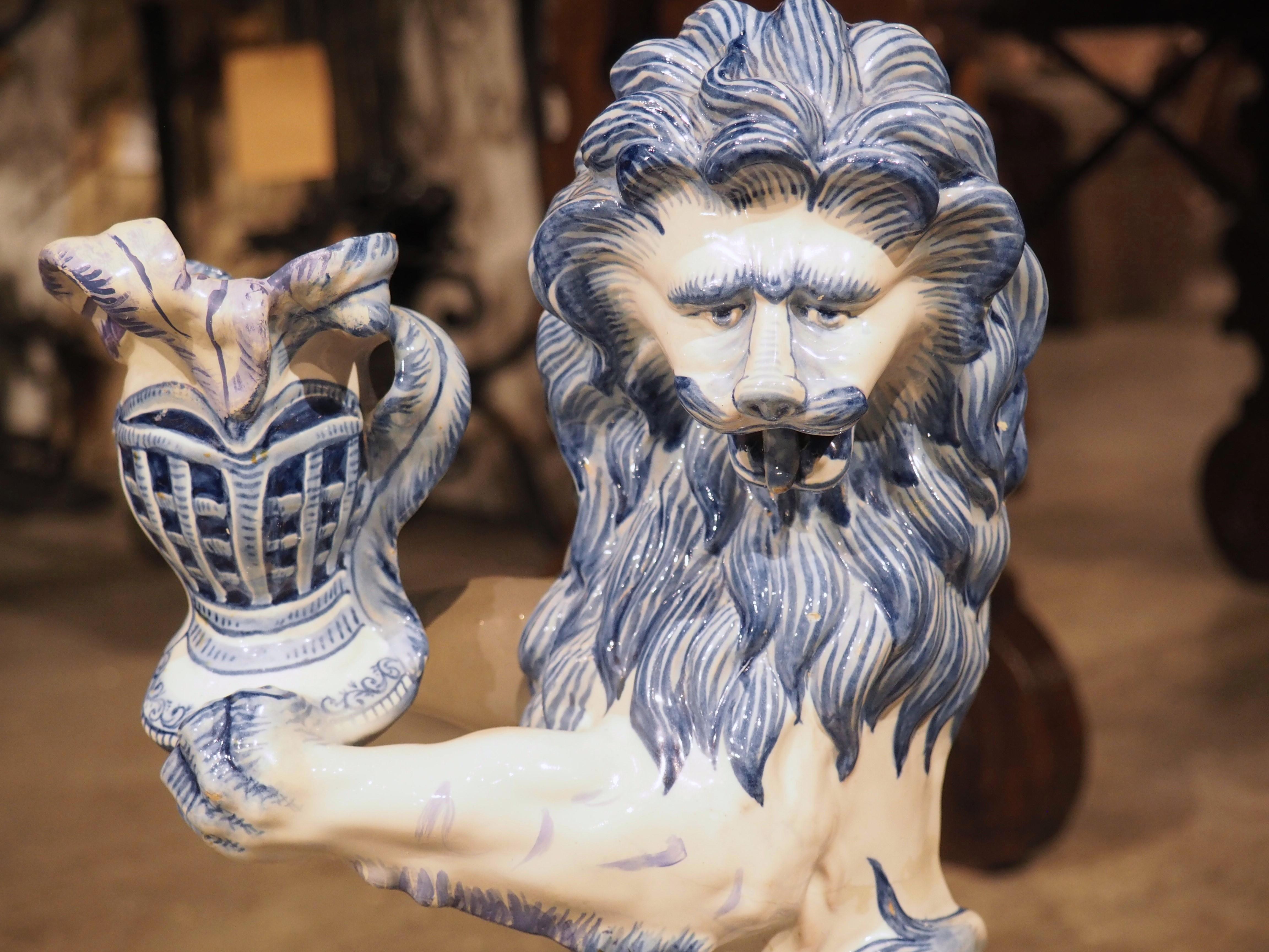 Ceramic Antique French Blue and White Saint-Clément Faience Lion Candle Holder, C. 1890 For Sale