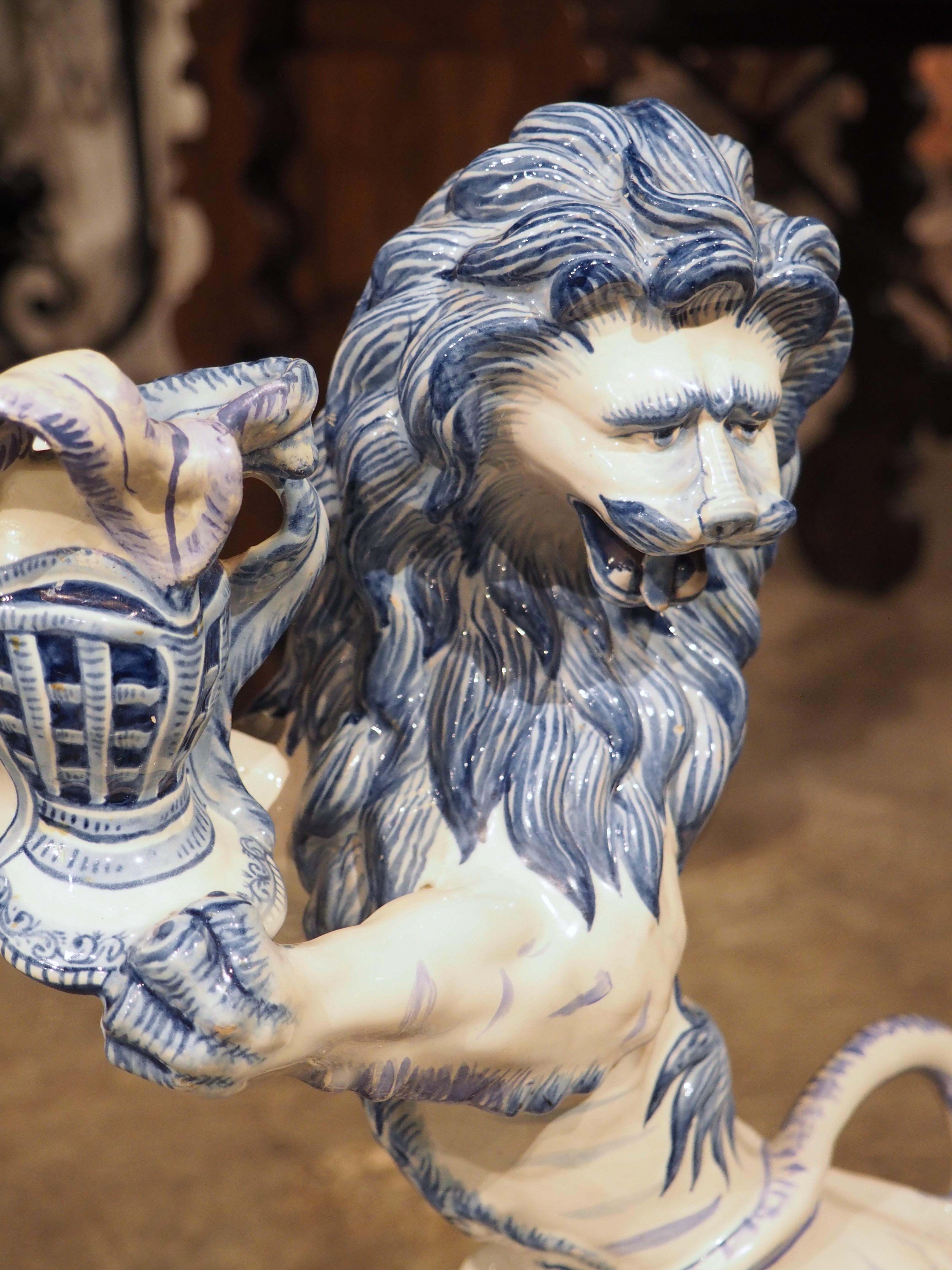 Antique French Blue and White Saint-Clément Faience Lion Candle Holder, C. 1890 For Sale 2