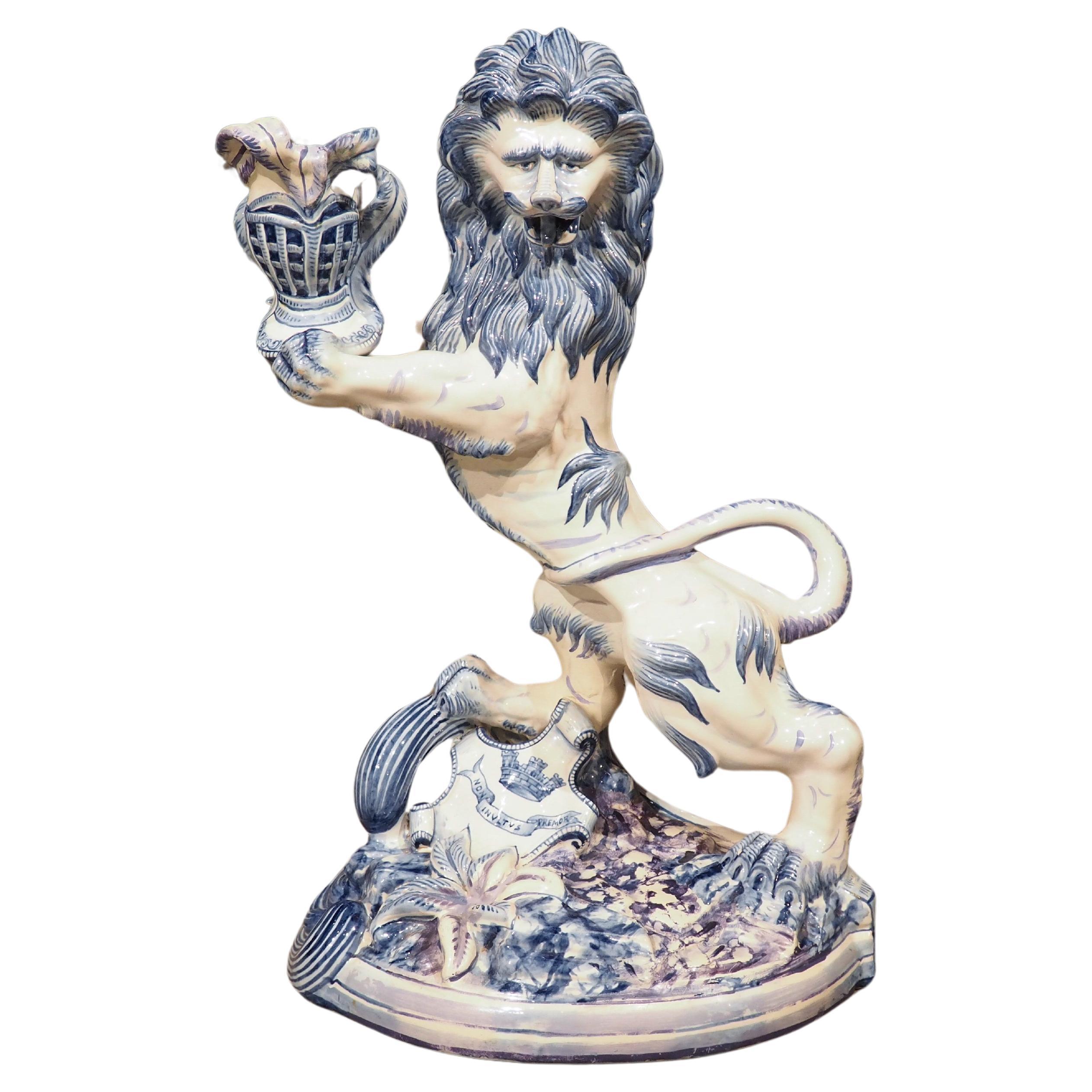 Antique French Blue and White Saint-Clément Faience Lion Candle Holder, C. 1890 For Sale
