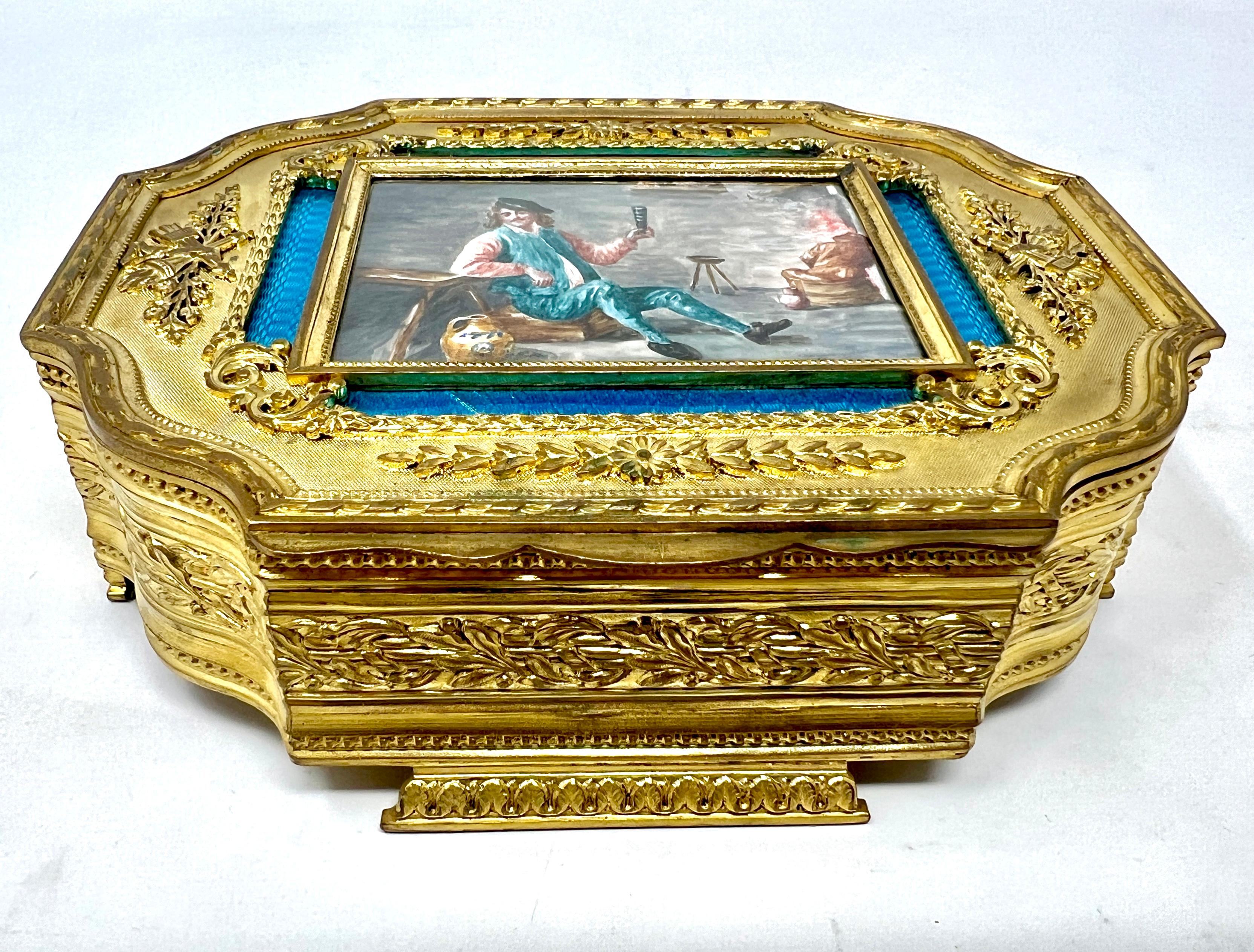 20th Century Antique French Blue Enameled Porcelain and Gold Bronze Jewel Box, Circa 1910. For Sale