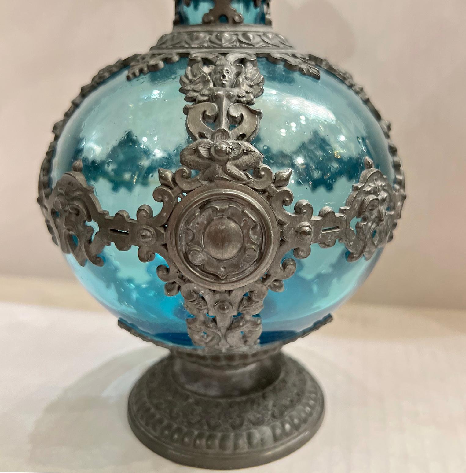 Antique French Blue Glass Bottle In Good Condition For Sale In New York, NY