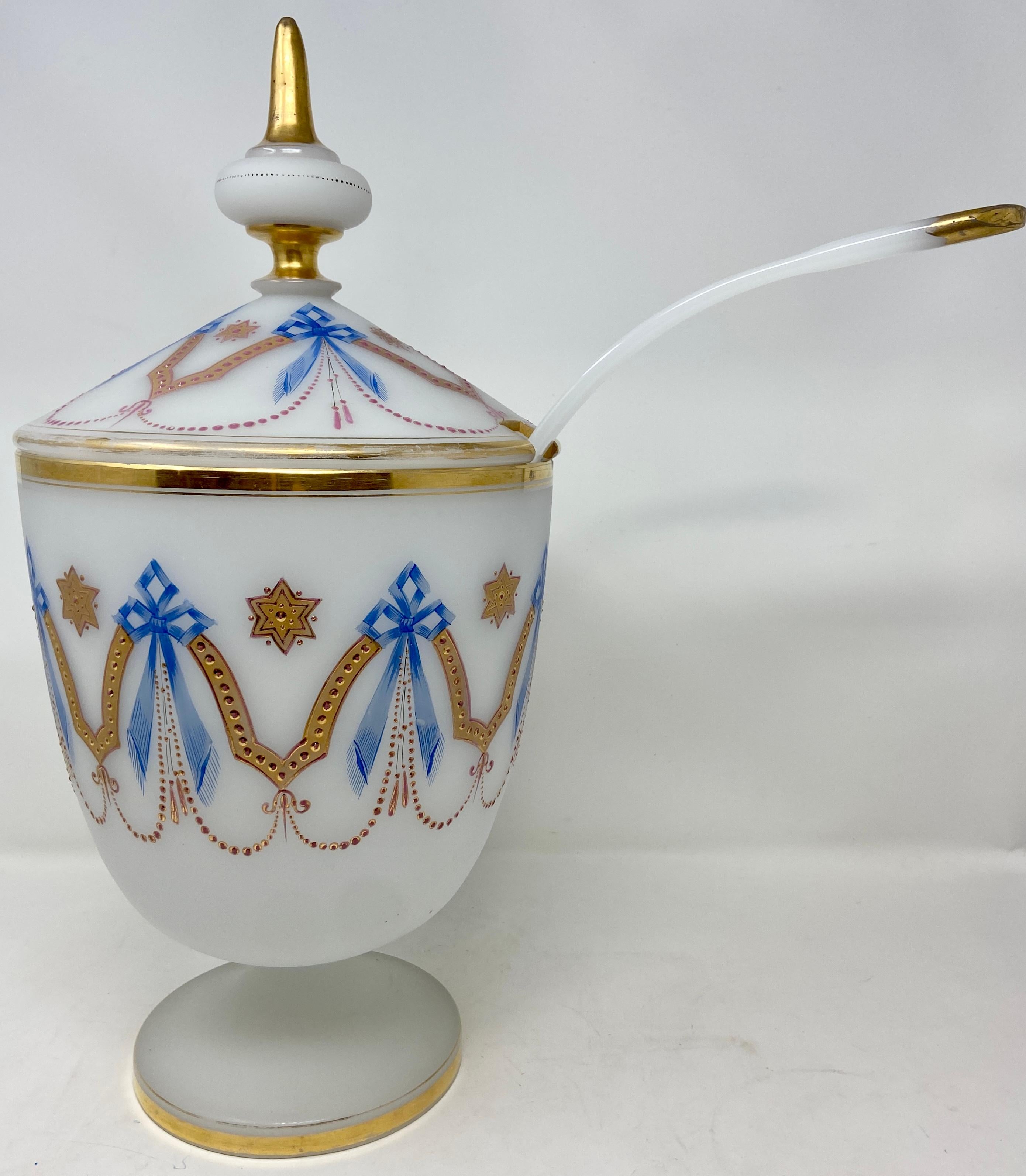 Antique French Blue & Gold Opaline Glass Punch Bowl, Ladle & 4 Glasses, Ca. 1910 In Good Condition In New Orleans, LA