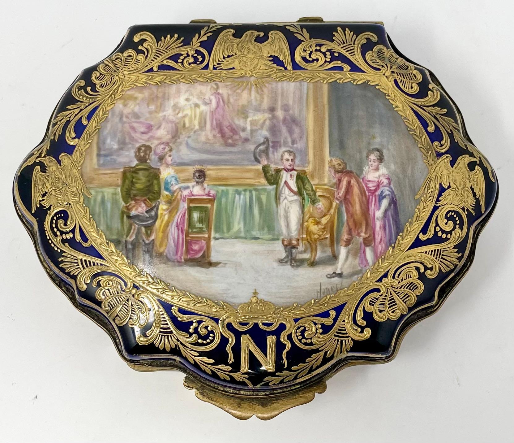19th Century Antique French Blue & Gold Sevres Porcelain Napoleon Painted Box, Circa 1890. For Sale