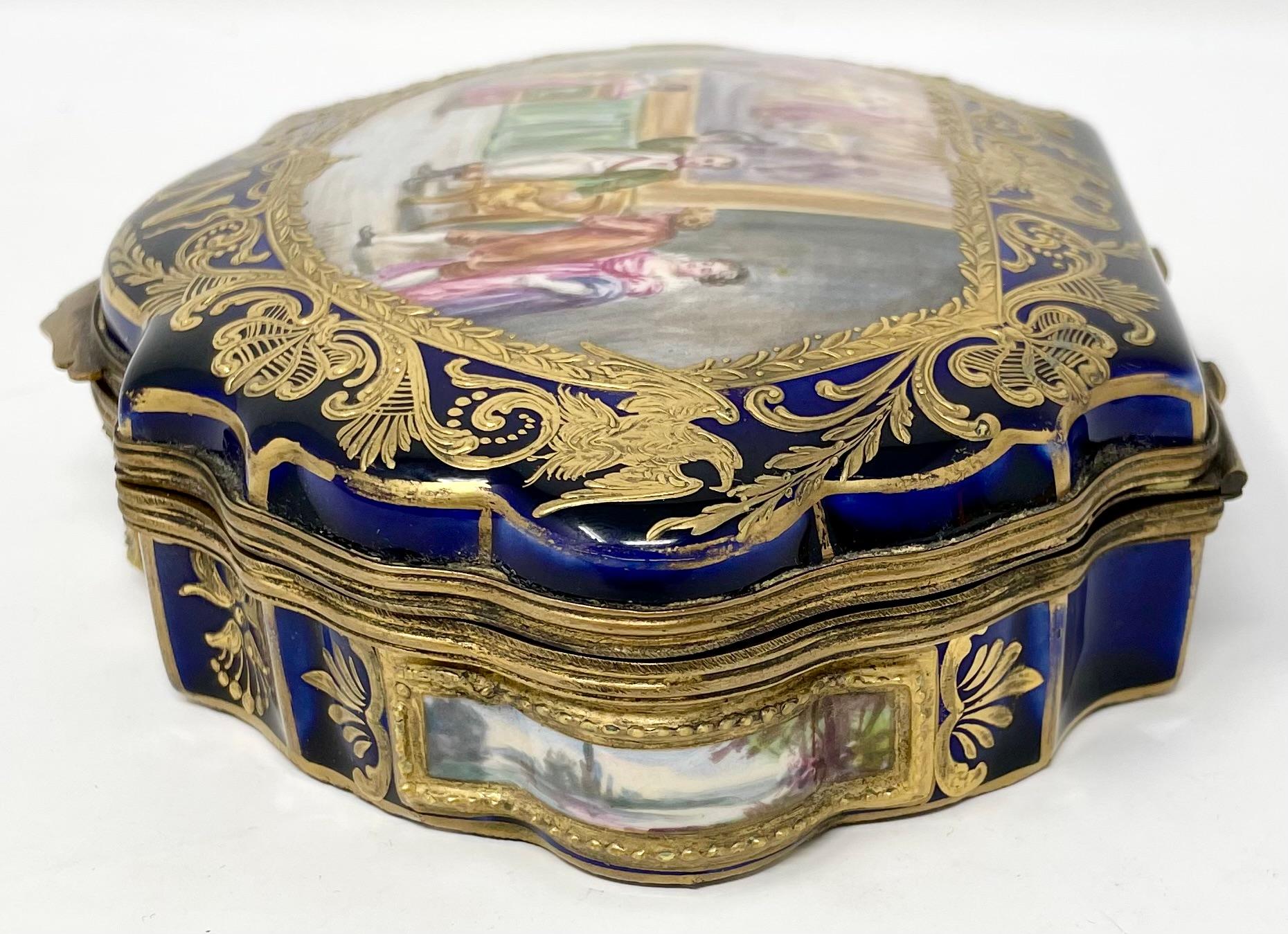 Antique French Blue & Gold Sevres Porcelain Napoleon Painted Box, Circa 1890. For Sale 1
