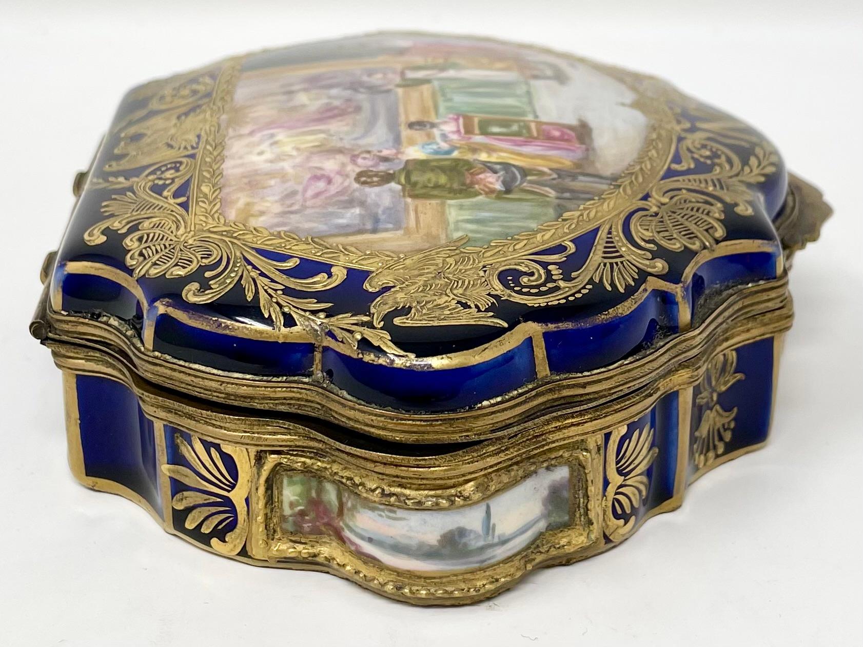 Antique French Blue & Gold Sevres Porcelain Napoleon Painted Box, Circa 1890. For Sale 3
