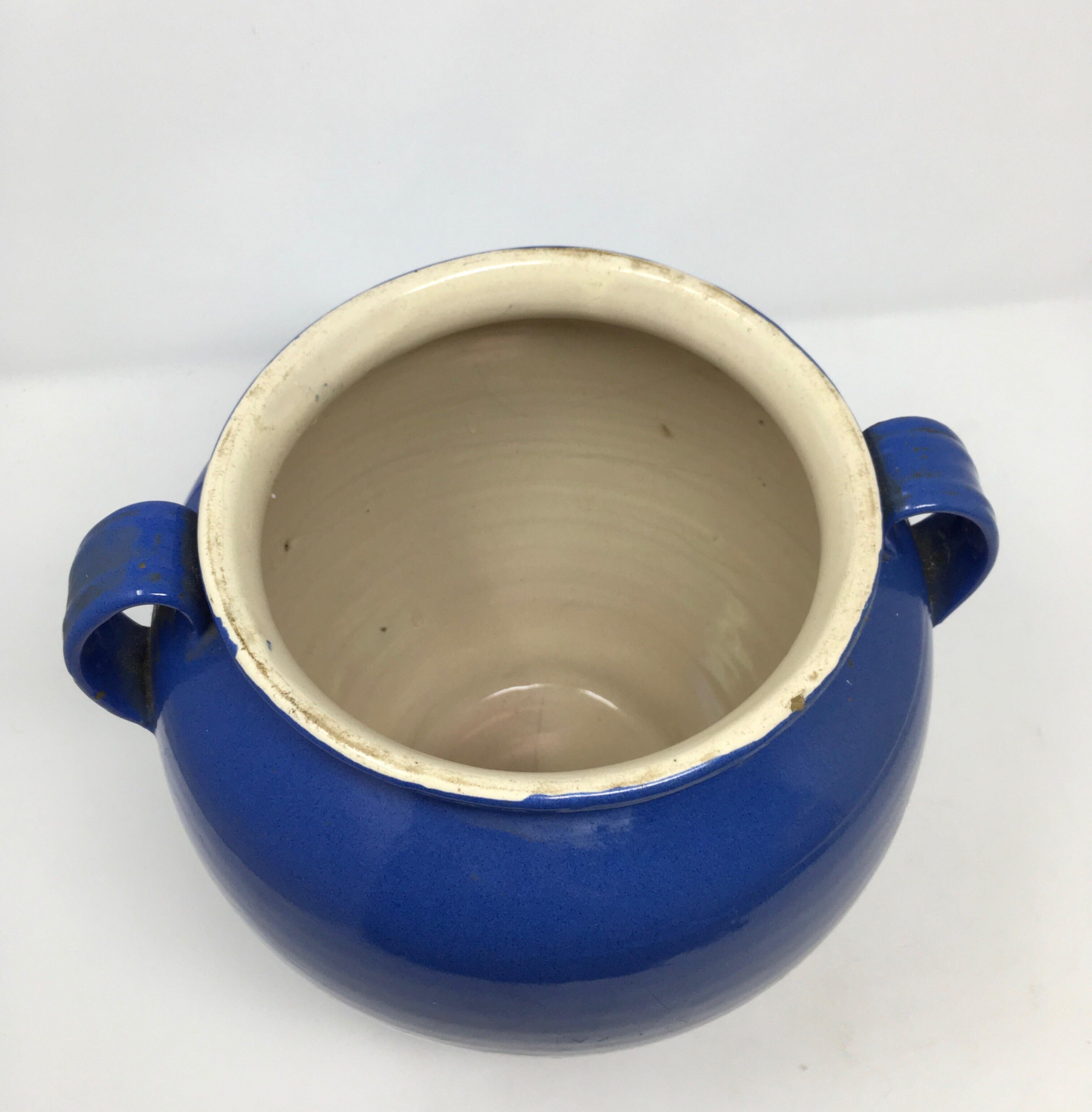 Pottery Antique French Blue Handled Confit Pot