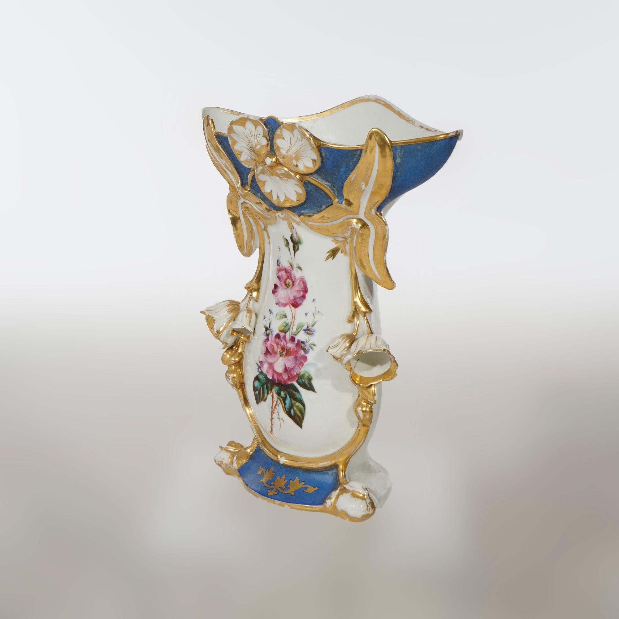 Hand-Painted Antique French Blue Old Paris Porcelain Hand Painted & Gilt Floral Vase 19th C For Sale