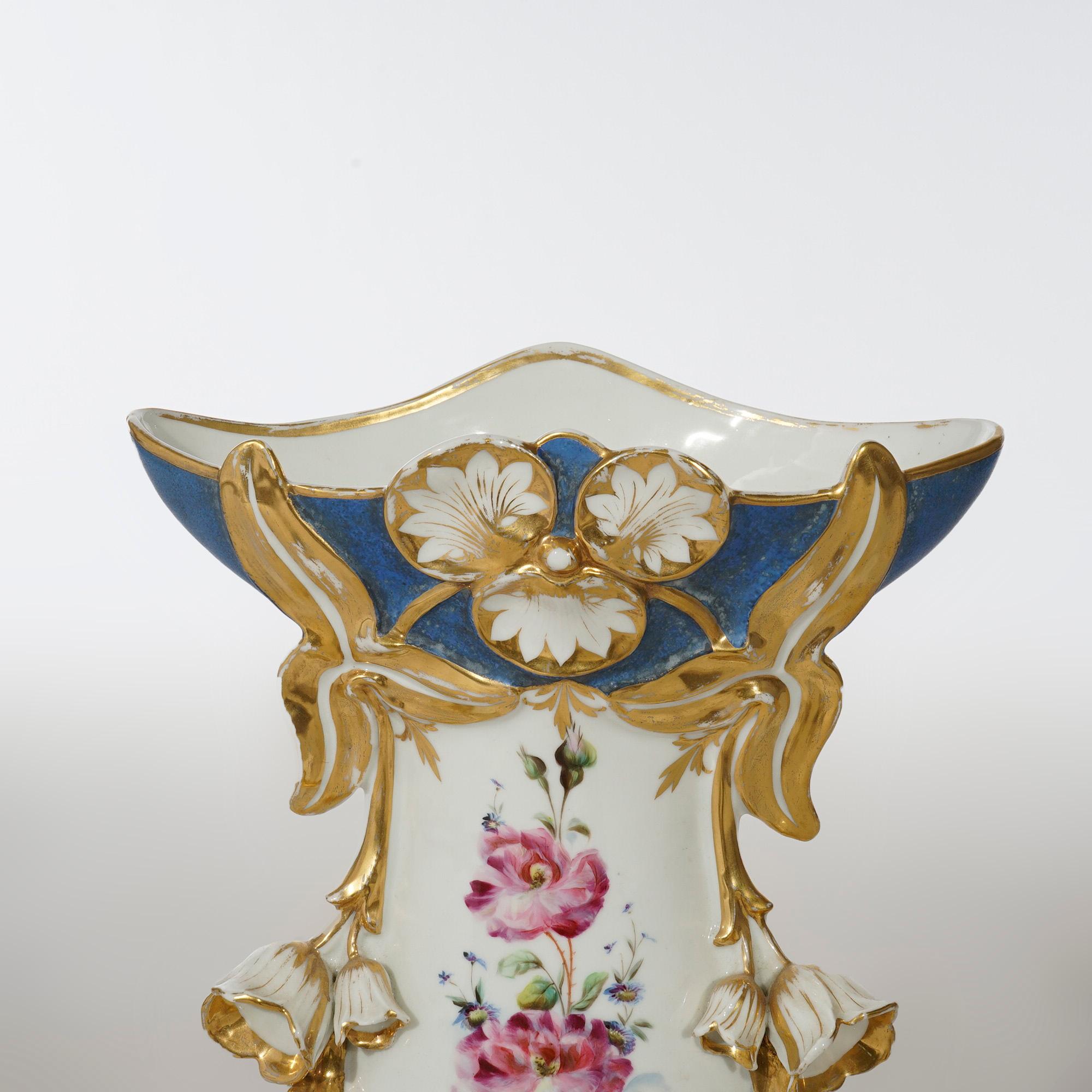 Antique French Blue Old Paris Porcelain Hand Painted & Gilt Floral Vase 19th C In Good Condition For Sale In Big Flats, NY