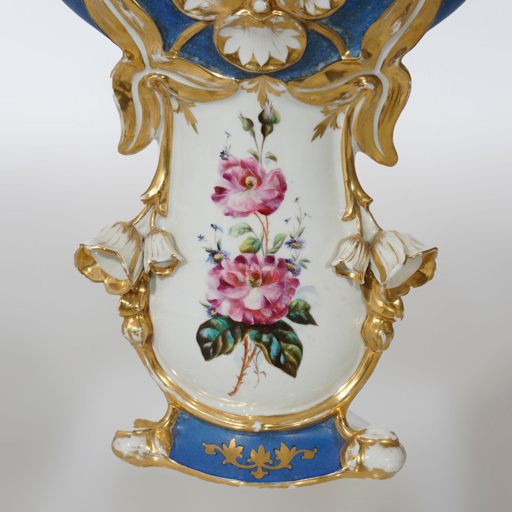 19th Century Antique French Blue Old Paris Porcelain Hand Painted & Gilt Floral Vase 19th C For Sale