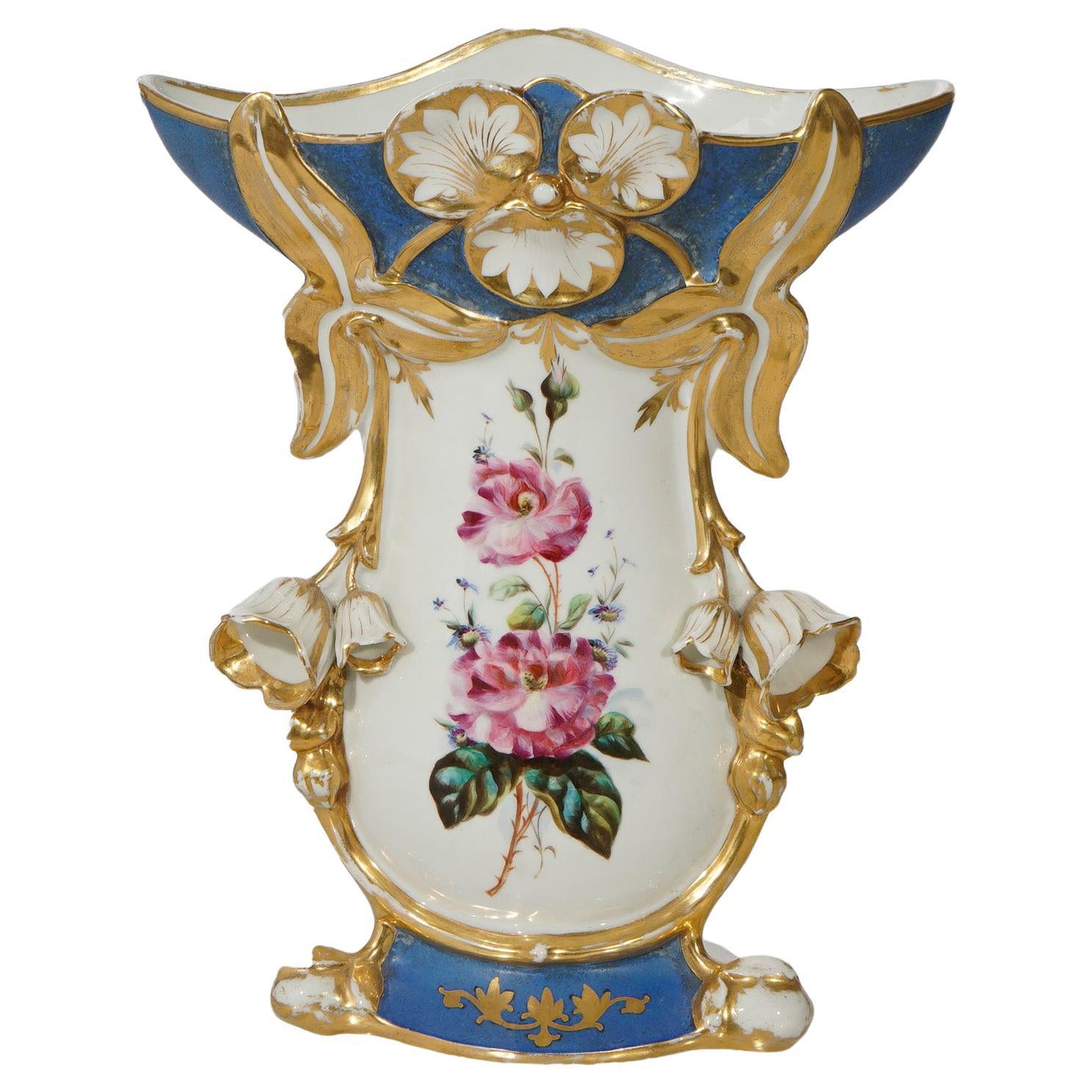 Antique French Blue Old Paris Porcellana dipinta a mano e dorata Vaso floreale XIX sec. in vendita