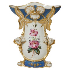 Antique French Azul Old Paris Jarrón Floral de Porcelana Pintado a Mano y Dorado S. XIX
