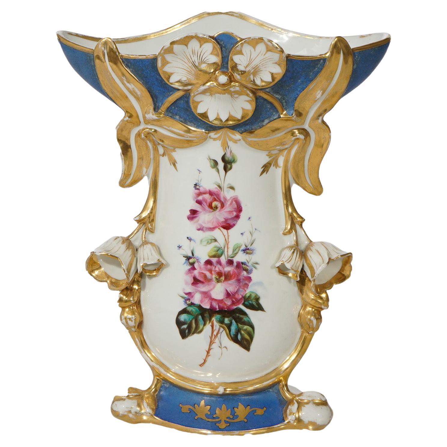 Antike Französisch Blau Old Paris Porzellan Hand gemalt & vergoldet florale Vase 19.
