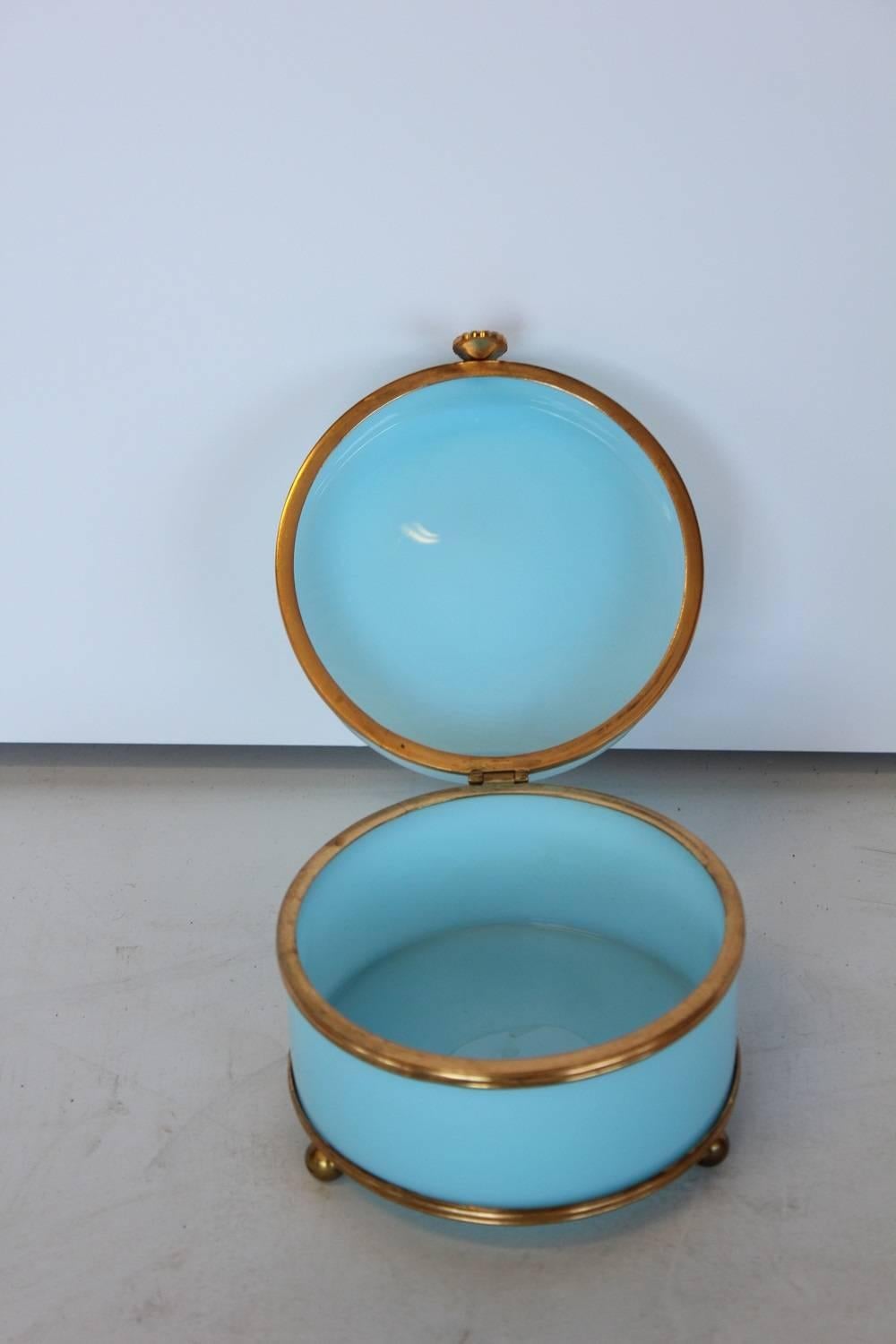 Antique French blue opaline box with brass mounts.