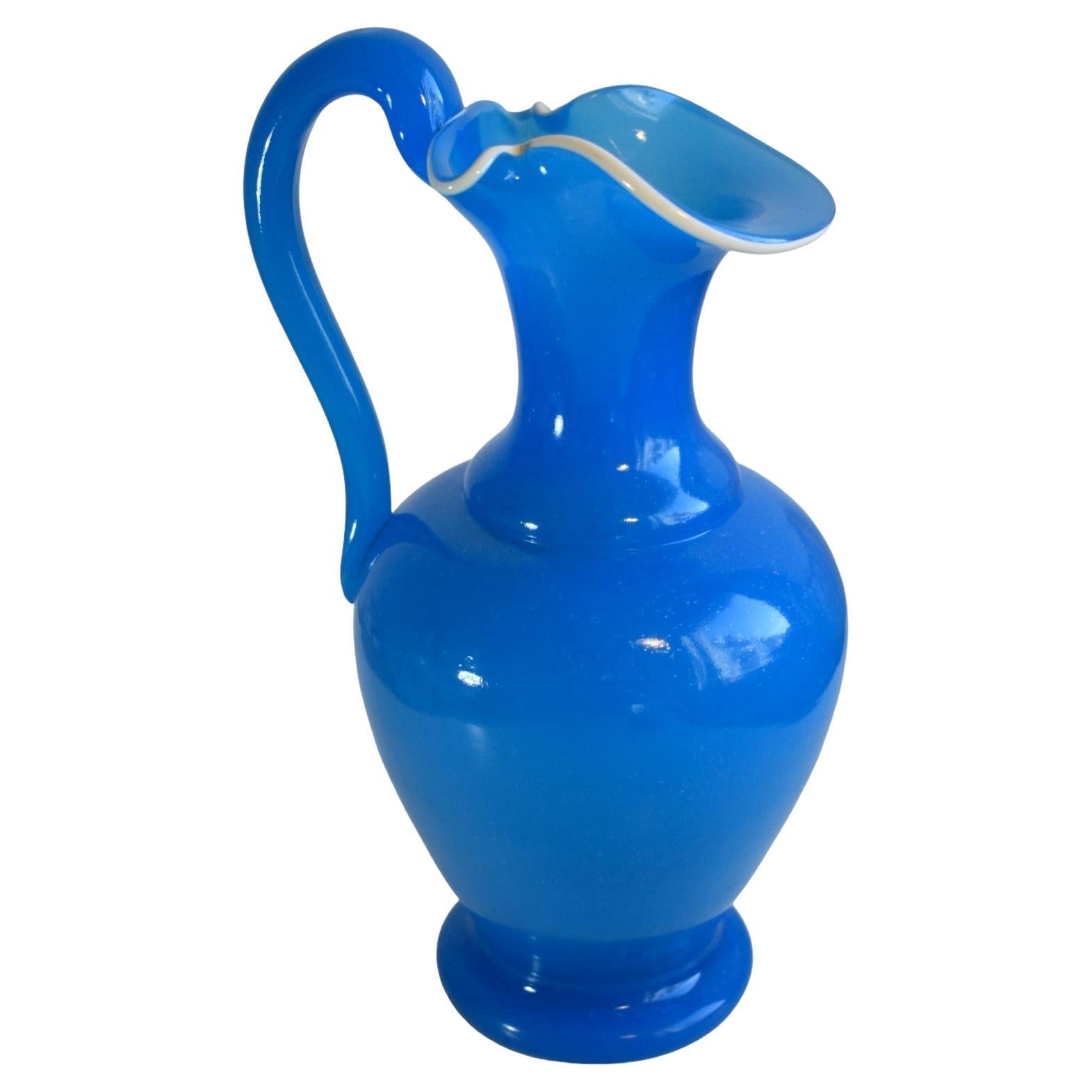Napoleon III Antique French Blue Opaline Ewer, Jug, Pitcher, and Bowl, 19th Century For Sale