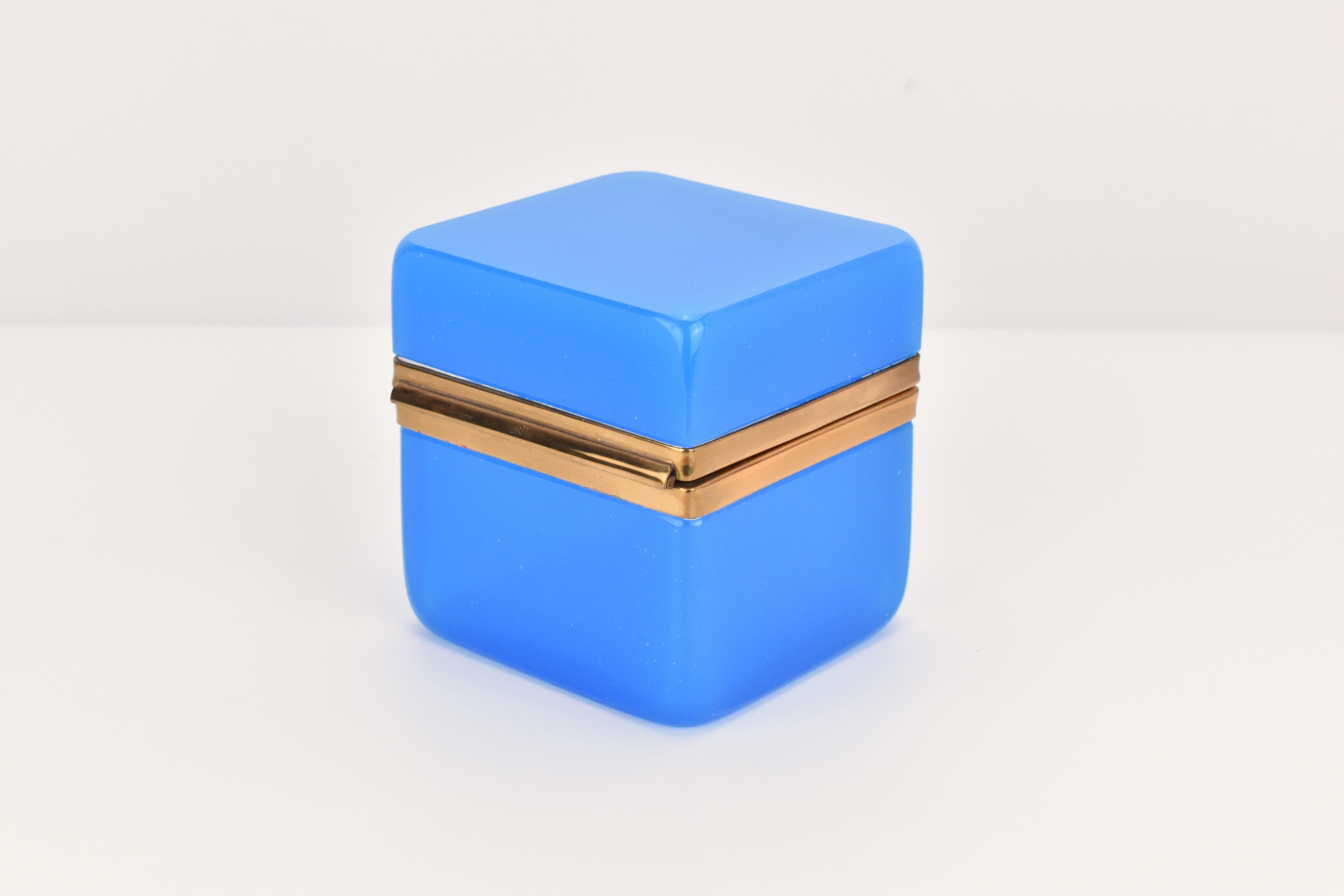 Art Nouveau Antique French Blue Opaline Glass Casket Box, Jewelry Box For Sale