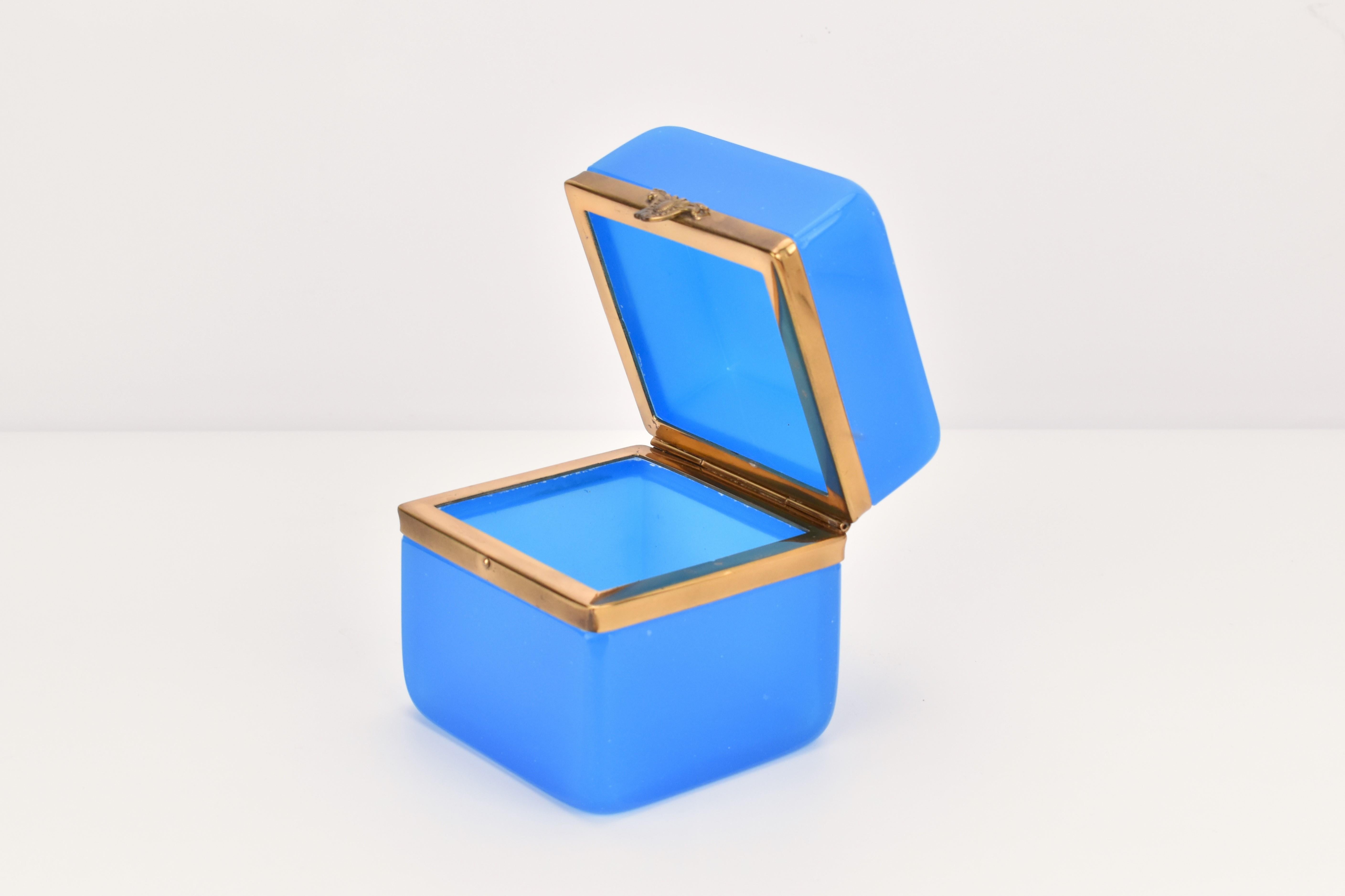 Gilt Antique French Blue Opaline Glass Casket Box, Jewelry Box For Sale