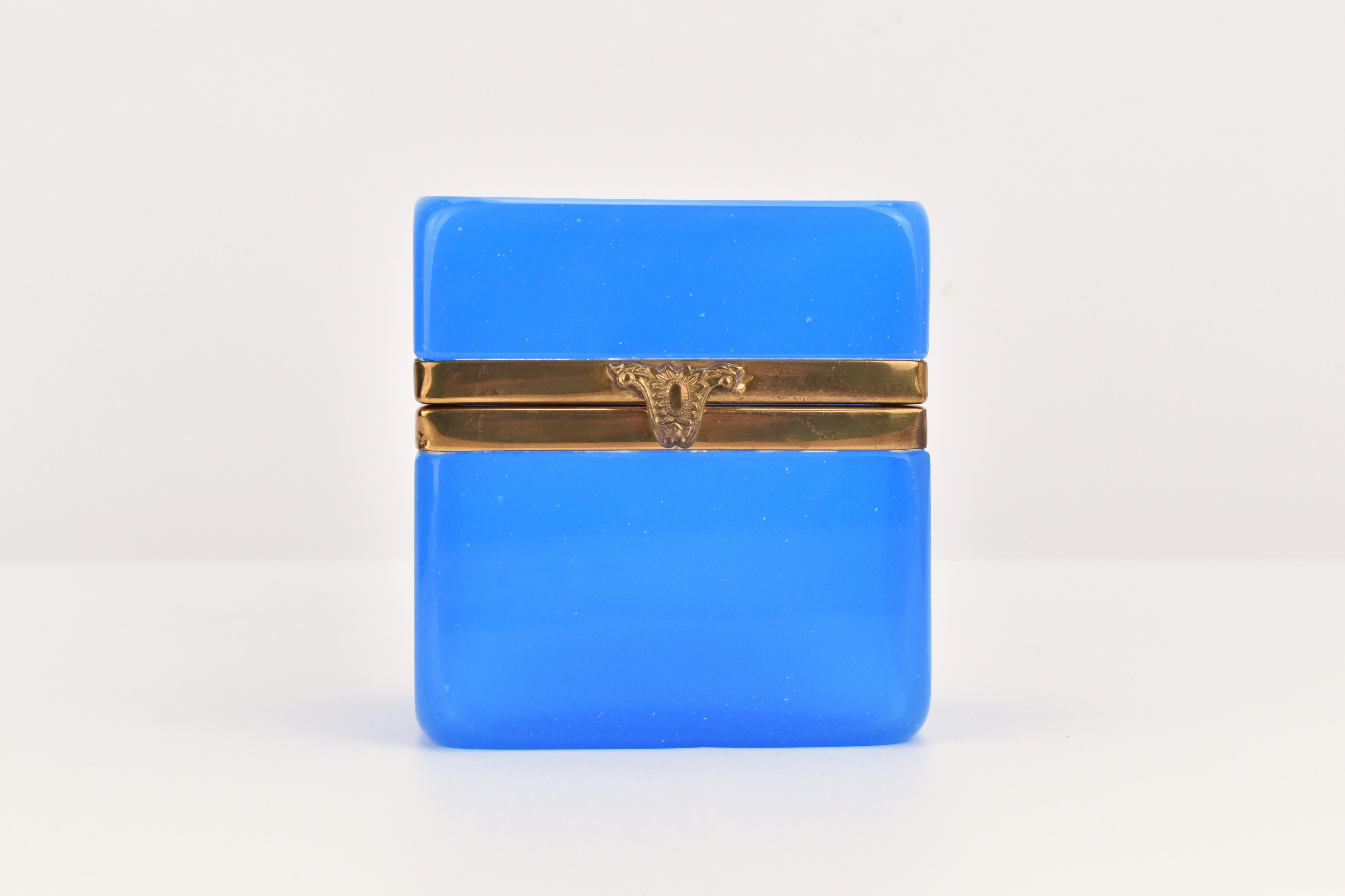 20th Century Antique French Blue Opaline Glass Casket Box, Jewelry Box For Sale