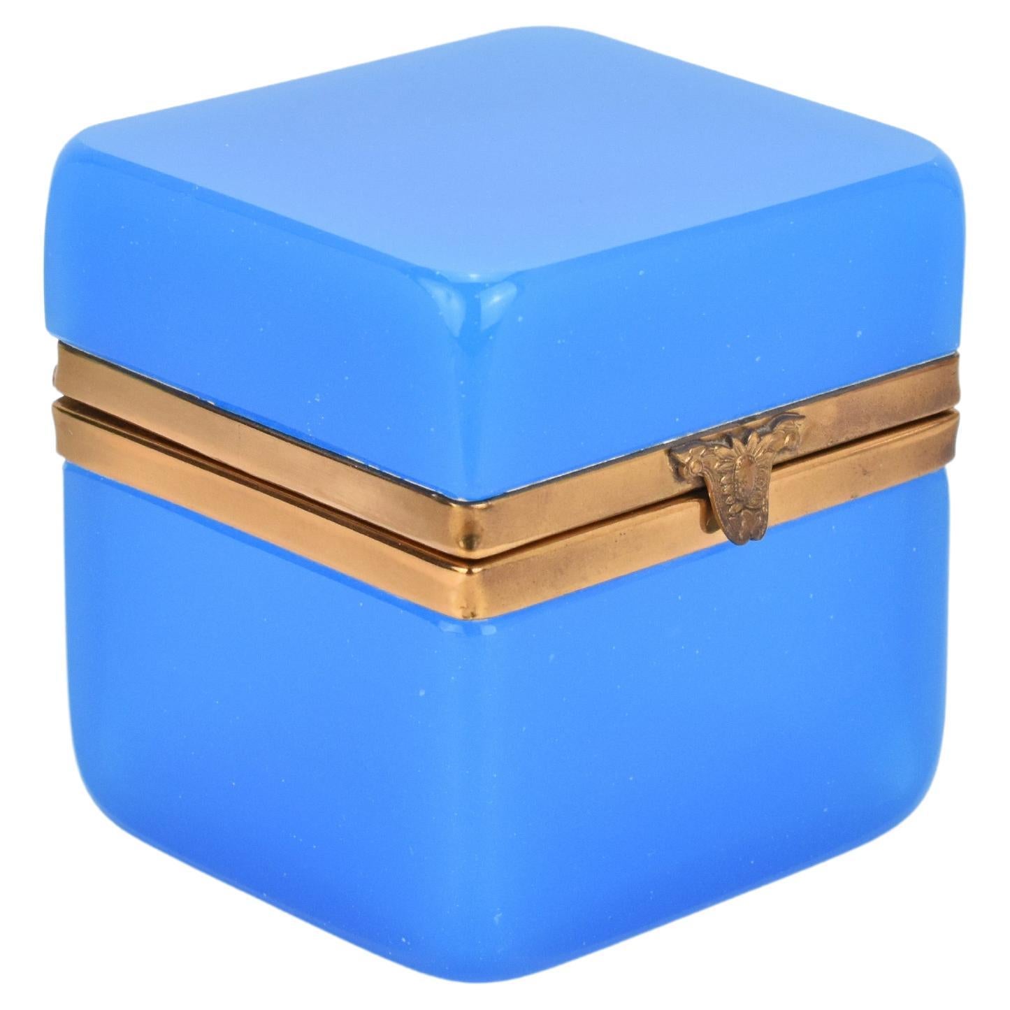 Antique French Blue Opaline Glass Casket Box, Jewelry Box