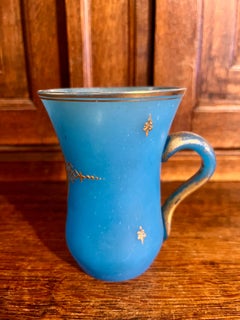 Antique French Blue Opaline Glass Cup Gilt Gold Enamel Relief Fleur de Lis 19thC