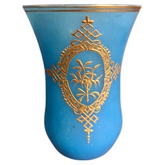 Antique French Blue Opaline Glass Cup Gilt Gold Enamel Relief Fleur de Lis 19thC